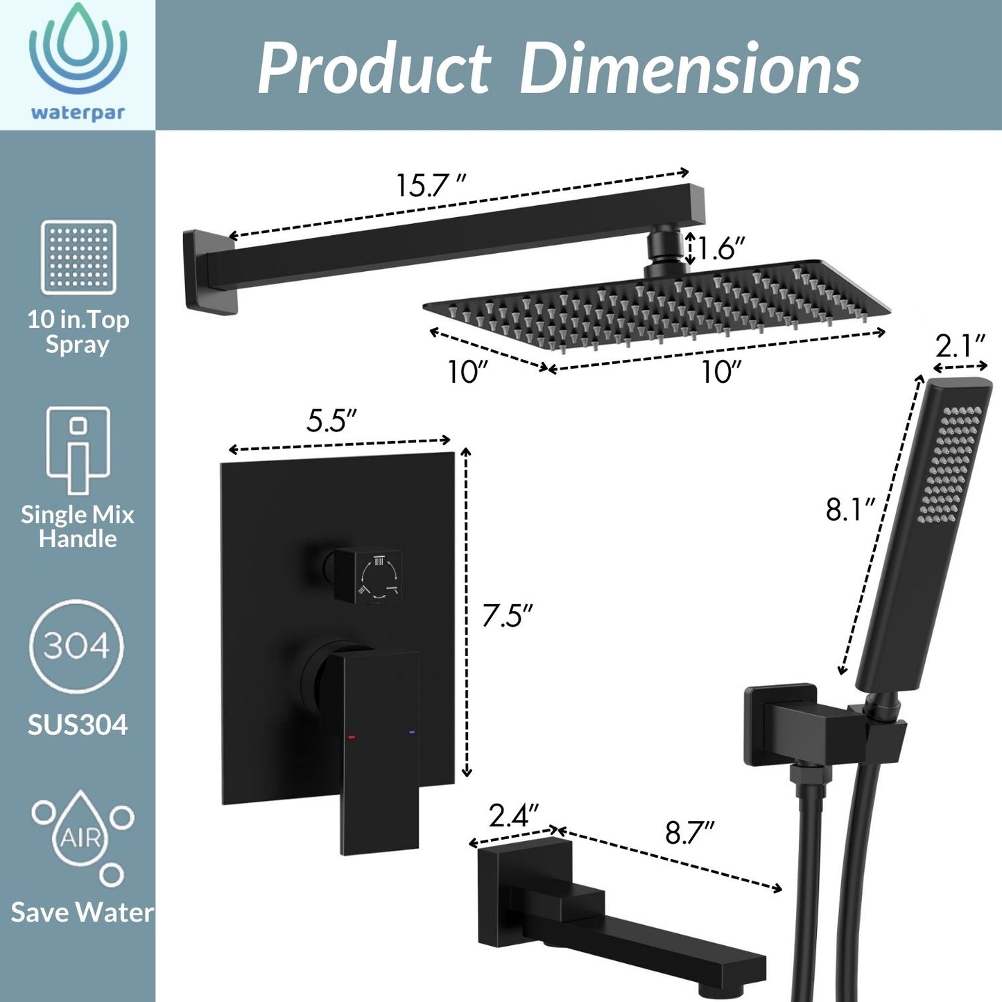Waterpar®  1-Spray Square Shower System Fixed Shower Head and Tub Faucet with Hand Shower in Matte Black (Valve Included)