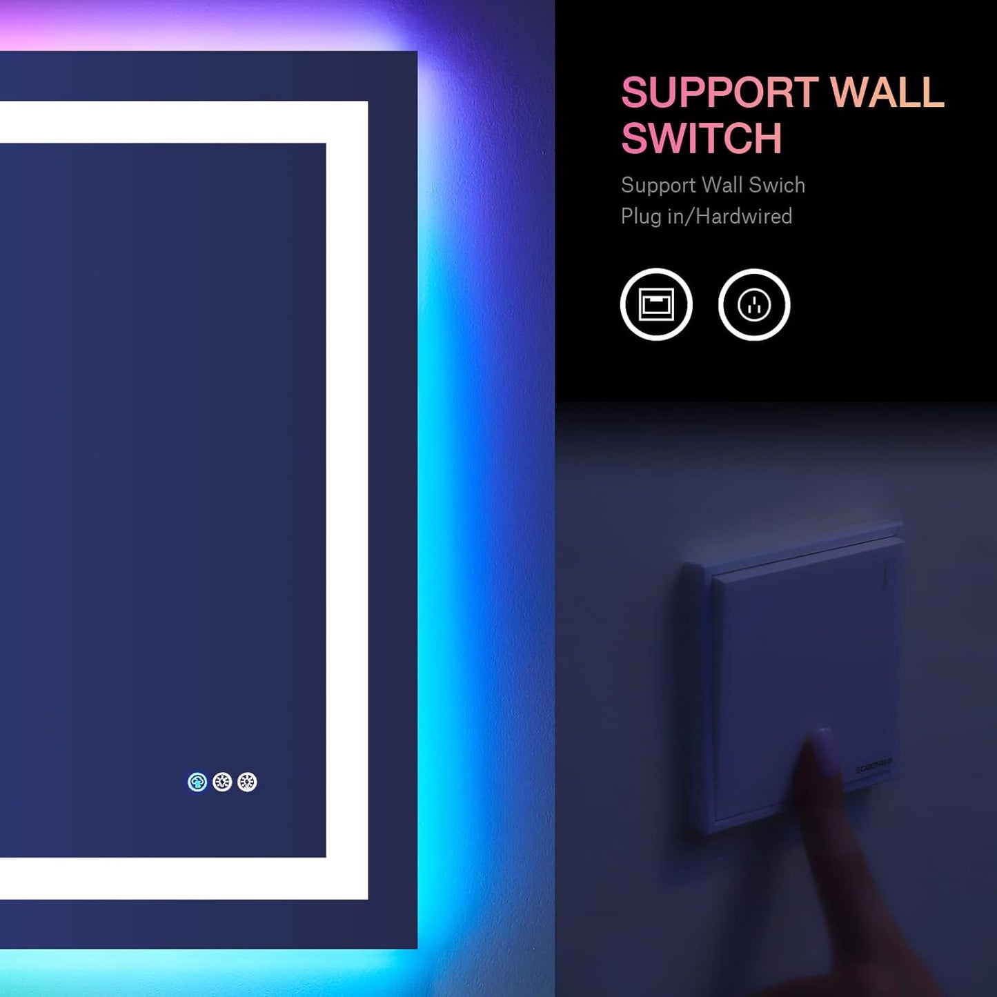 Waterpar® 48x36 in. Led Large Rectangular RGB Anti-Fog Bathroom Mirror Front & Backlit