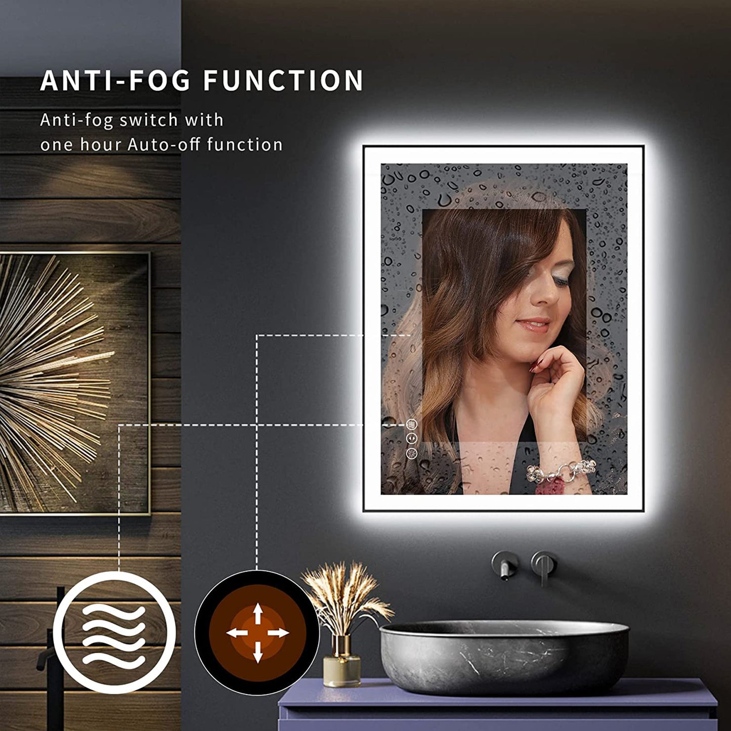 Waterpar® 32 in. W x 24 in. H Rectangular Framed Anti-Fog LED Wall Bathroom Vanity Mirror in Black with Backlit and Front Light