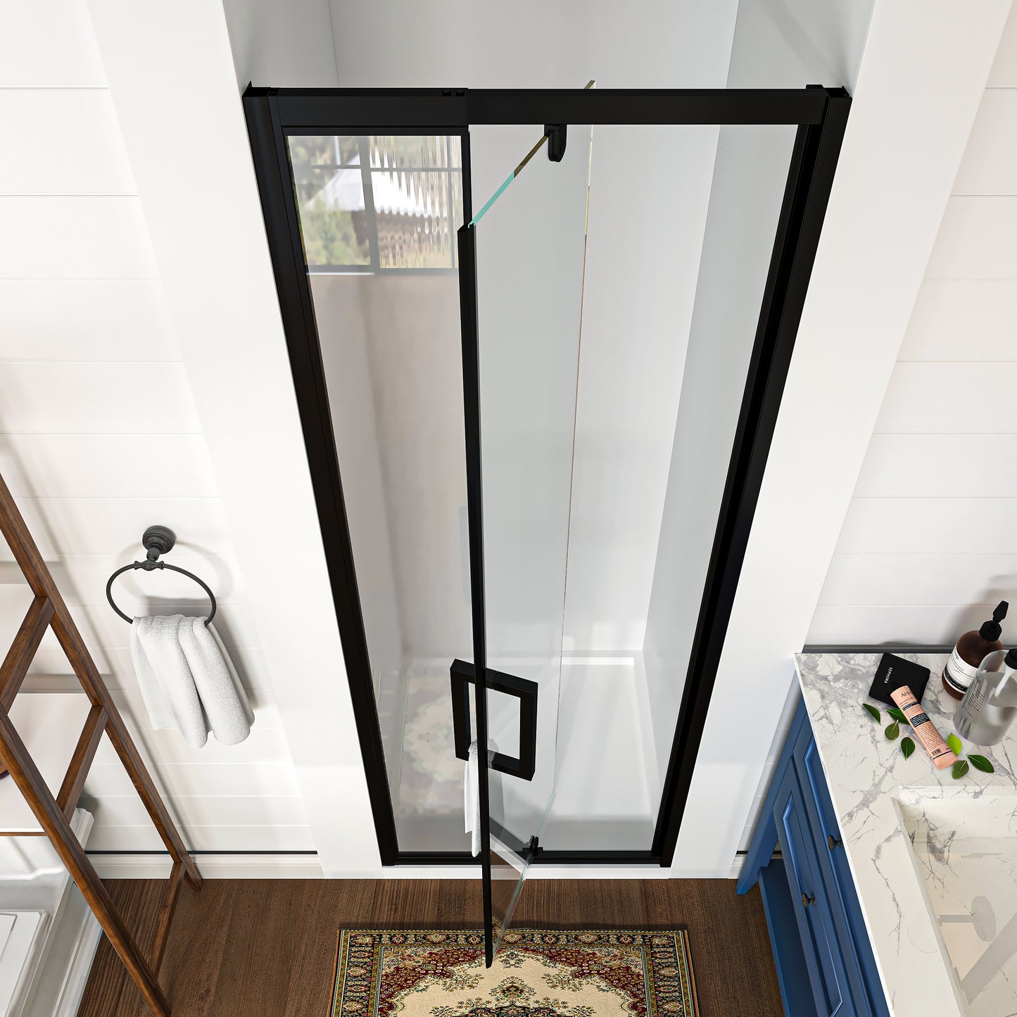 Waterper® 28 in. to 32 in. W x 72 in. H Framed Pivot Shower Door in Black with Clear Glass