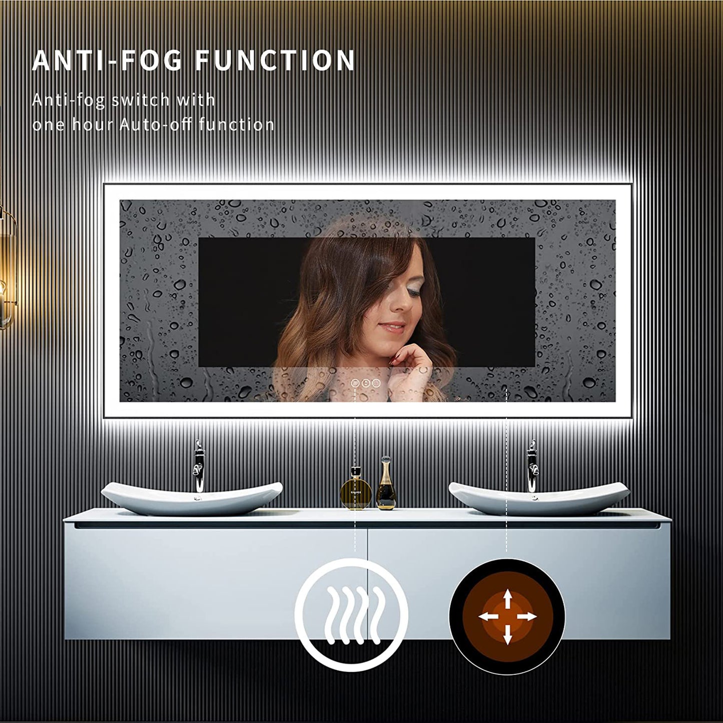 Waterpar® 60 in. W x 28 in. H Rectangular Framed Anti-Fog LED Wall Bathroom Vanity Mirror in Black with Backlit and Front Light