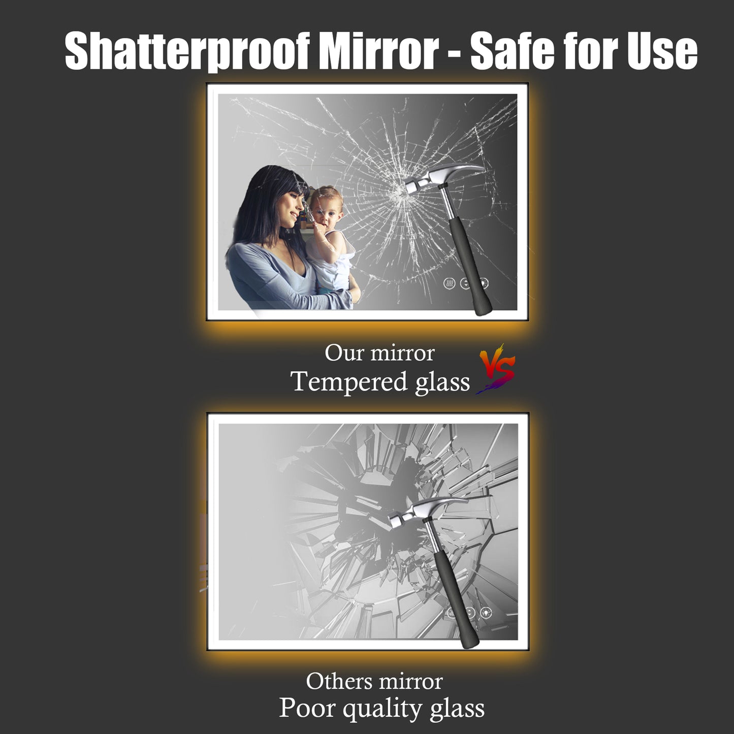 Waterpar® 48 in. W x 32 in. H Rectangular Framed Anti-Fog LED Wall Bathroom Vanity Mirror in Black with Backlit and Front Light