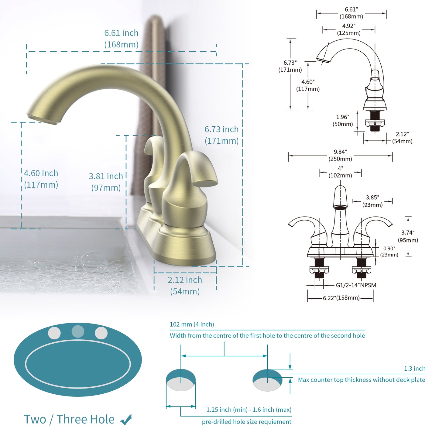Waterpar® 4 in. Centerset 2-Handle Bathroom Faucet with Pop-Up Drain and Supply Hoses