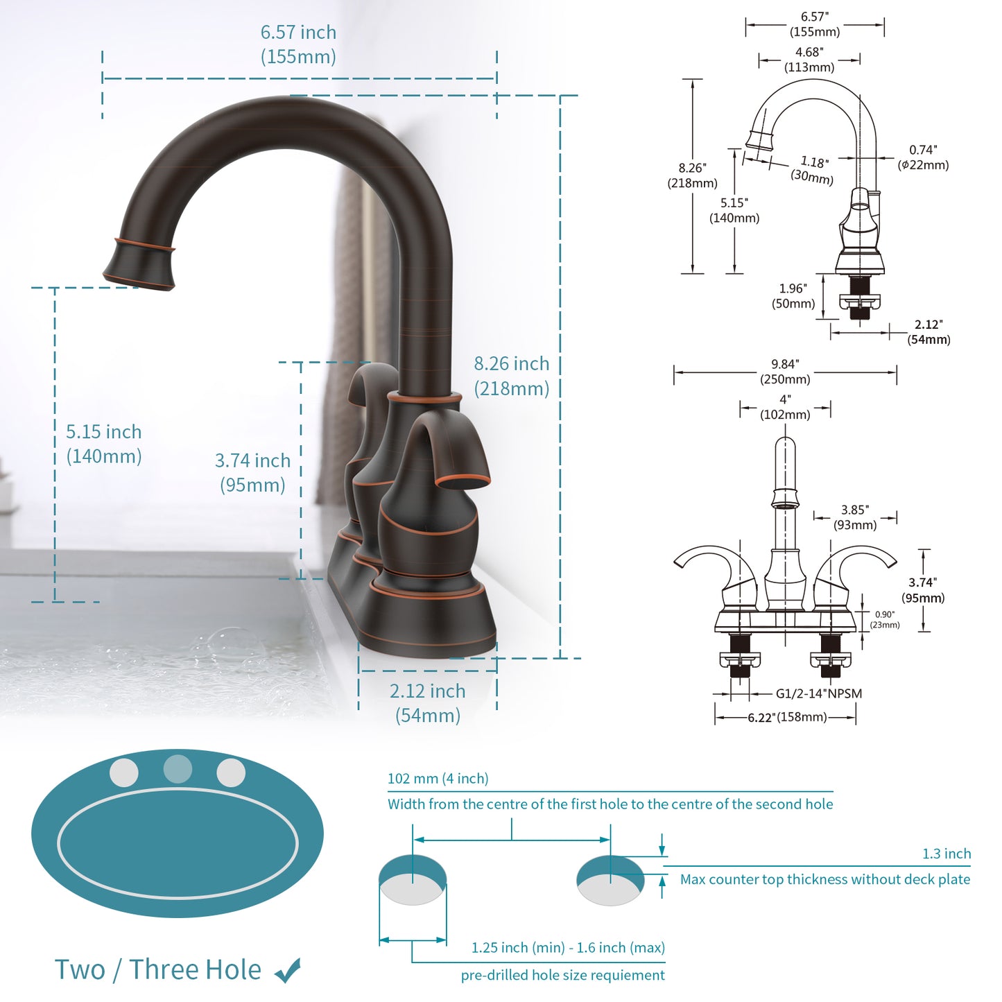 Waterpar® 4 in. Centerset Double Handle Bathroom Faucet with Pop-Up Drain and Supply Hoses