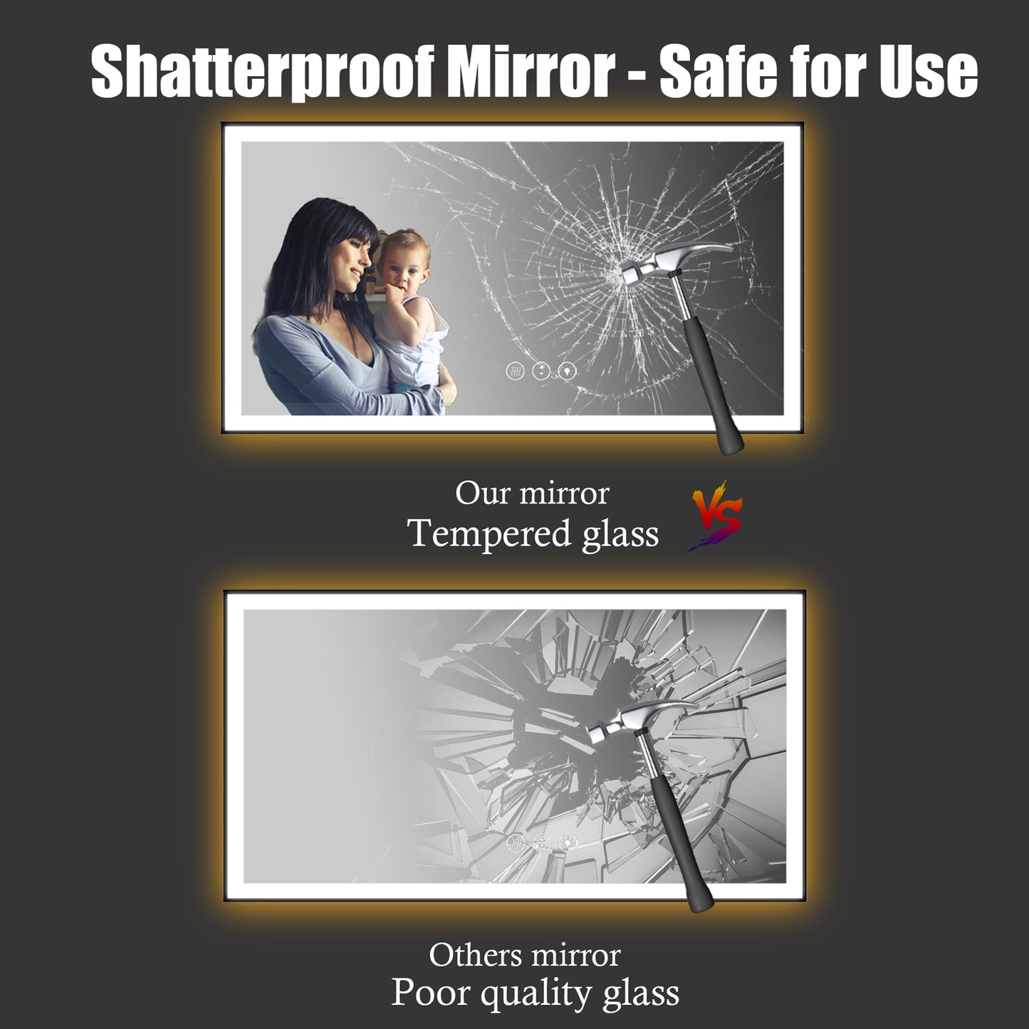 Waterpar® 60 in. W x 28 in. H Rectangular Framed Anti-Fog LED Wall Bathroom Vanity Mirror in Black with Backlit and Front Light