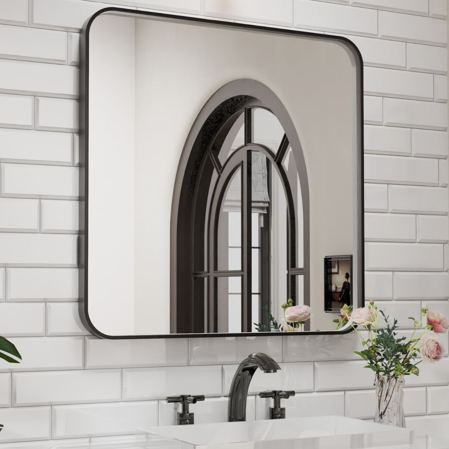 Waterpar® 36 in. W x 36 in. H Rectangular Aluminum Framed Wall Bathroom Vanity Mirror in Black