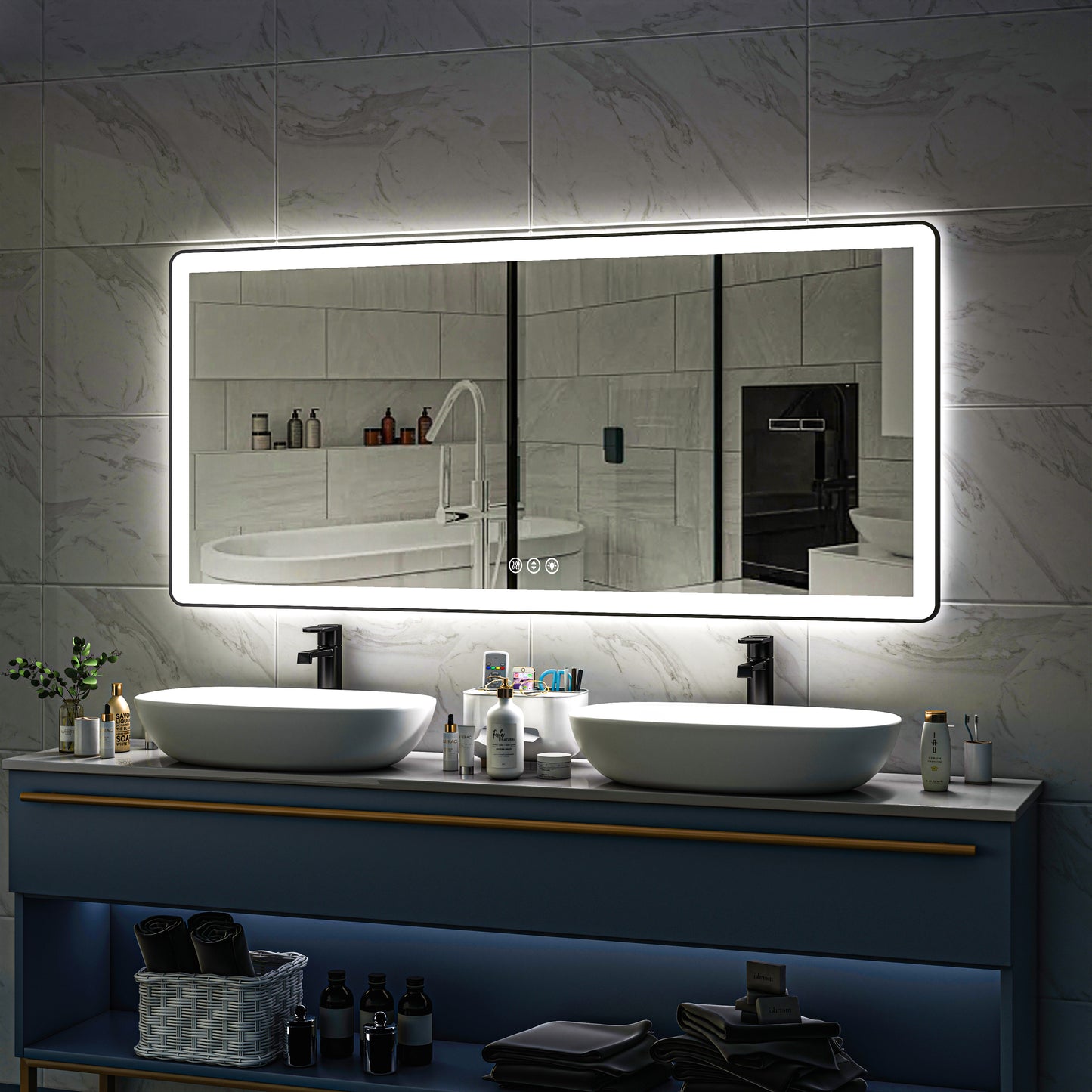 Waterpar® 77 in. W x 36 in. H Rectangular Framed Anti-Fog LED Wall Bathroom Vanity Mirror in Black with Backlit and Front Light