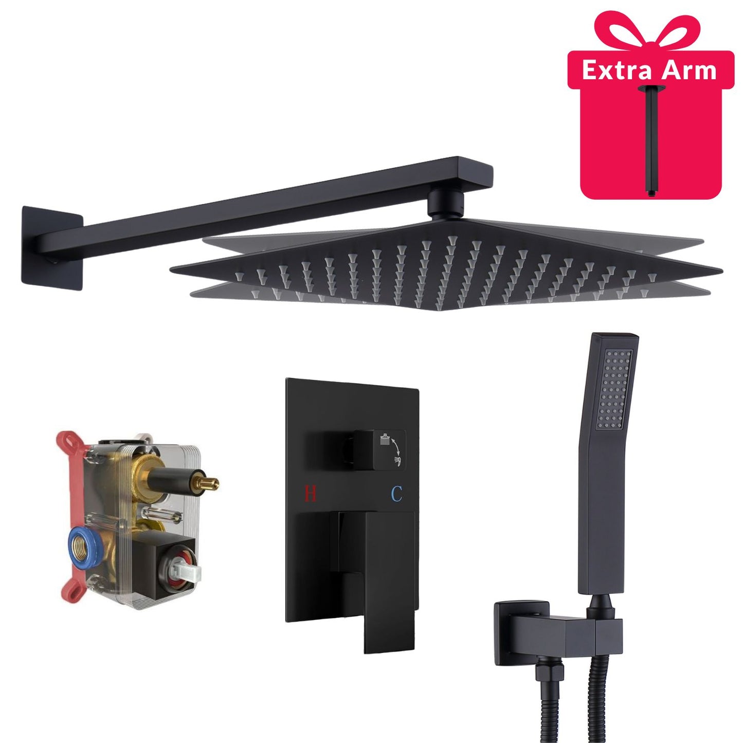 1-spray 10 in. Ceiling Mount Dual Shower Head with Wall Mount Arm Fixed and Handheld Shower Head 2.5 GPM in Black