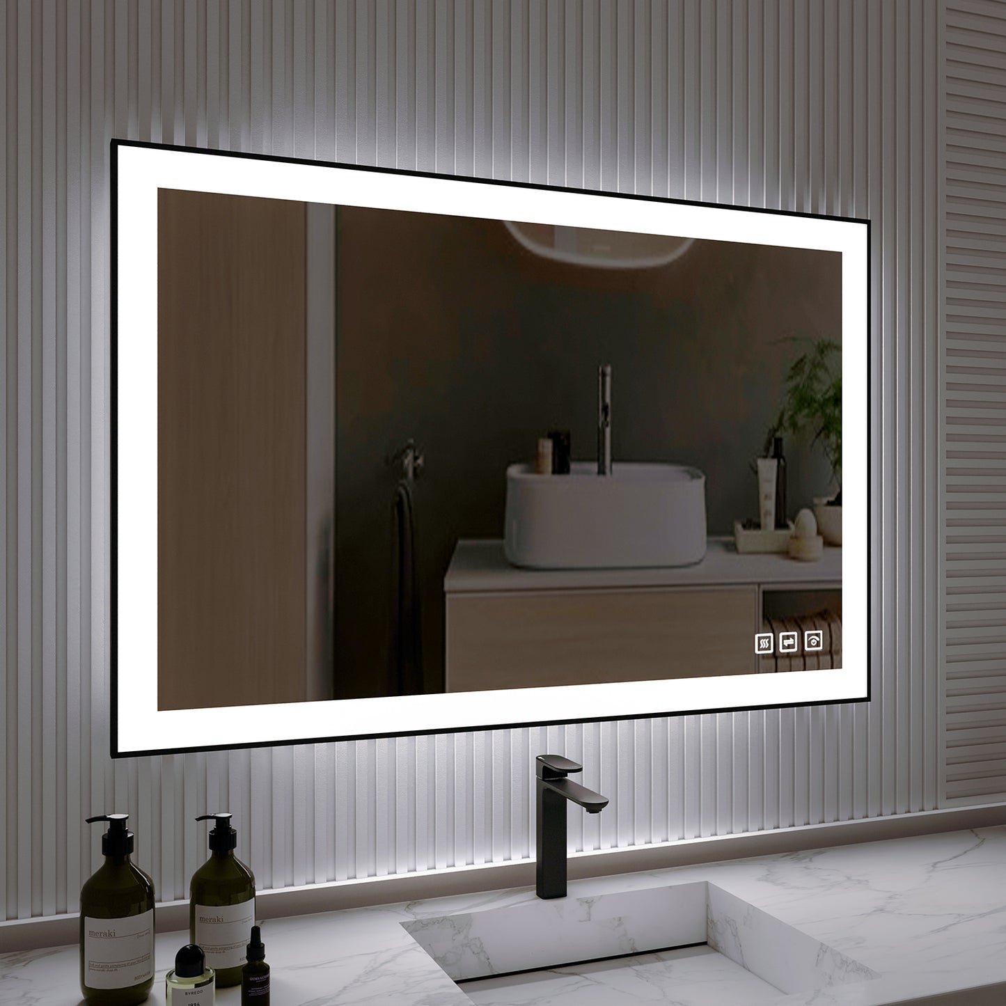 Waterpar® 48 in. W x 32 in. H Rectangular Framed Anti-Fog LED Wall Bathroom Vanity Mirror in Black with Backlit and Front Light