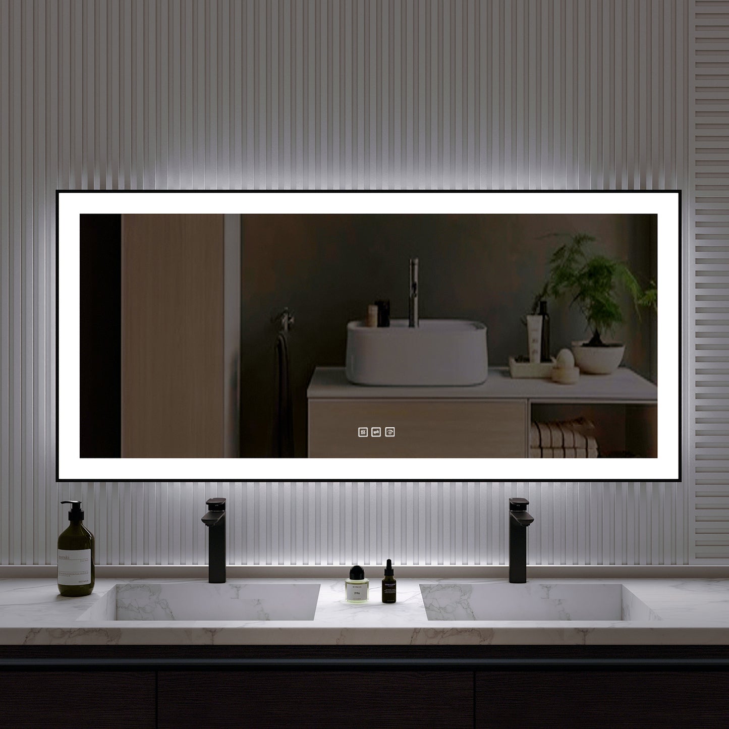 Waterpar® 60 in. W x 28 in. H Rectangular Framed Anti-Fog LED Wall Bathroom Vanity Mirror in Black with Backlit and Front Light