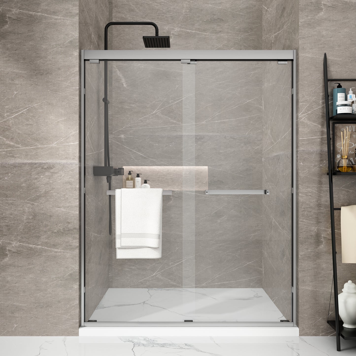 Waterpar® 56-60 in. W x 76 in. H Sliding Semi-Frameless Shower Door with Double Handle