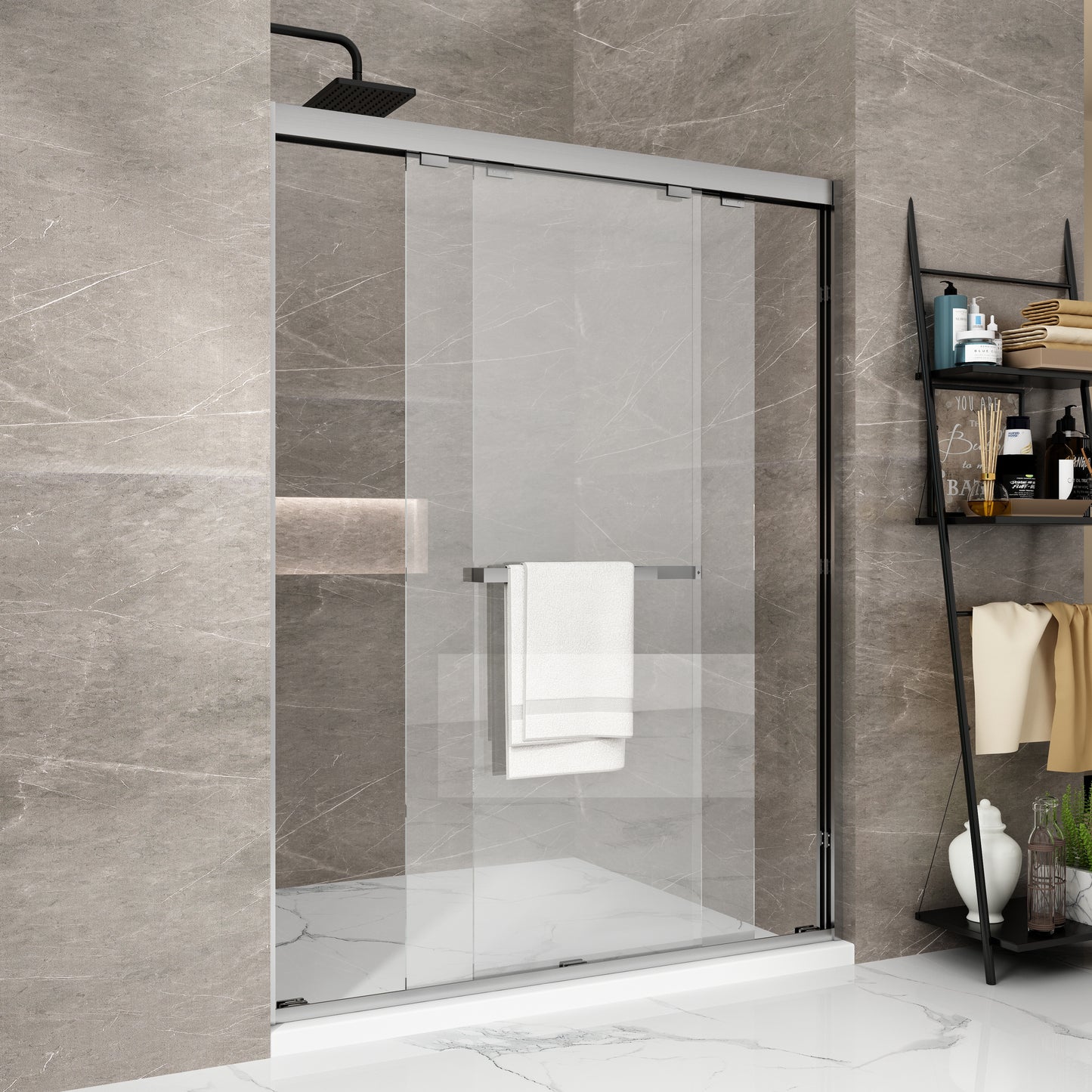 Waterpar® 56-60 in. W x 76 in. H Sliding Semi-Frameless Shower Door with Double Handle
