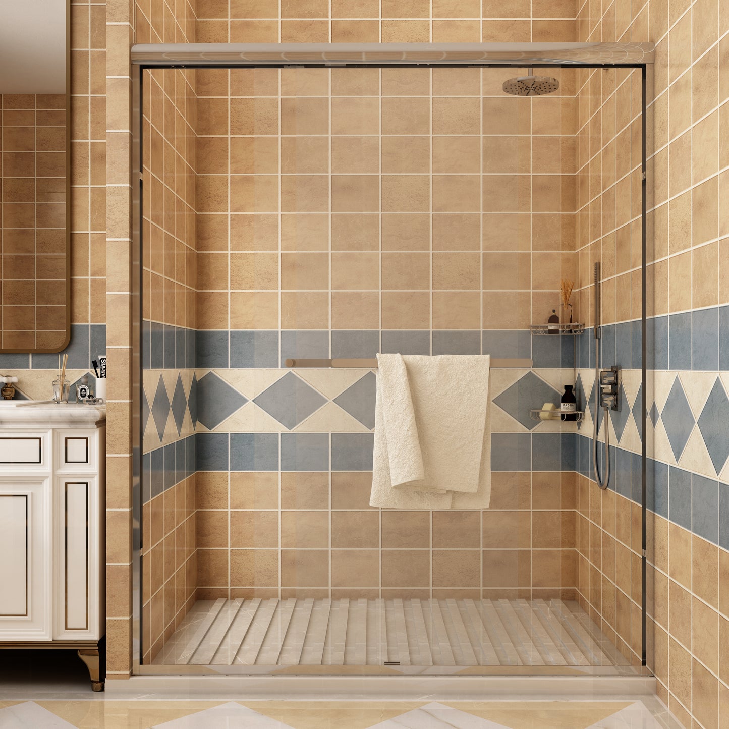 Waterpar® 56-60 in. W x 72 in. H Sliding Semi-Frameless Shower Door with Double Towel Bars