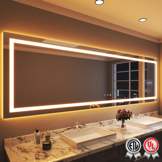 Waterpar® 118 in. W x 36 in. H Rectangular Frameless Wall Bathroom Vanity Mirror with Backlit and Front Light