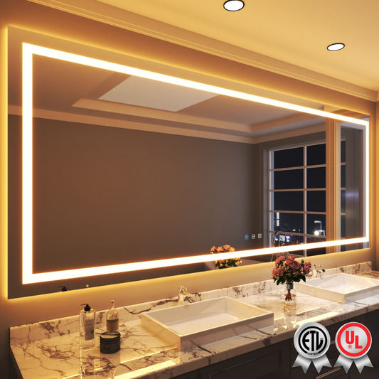 Waterpar® 118 in. W x 48 in. H Rectangular Frameless Wall Bathroom Vanity Mirror with Backlit and Front Light