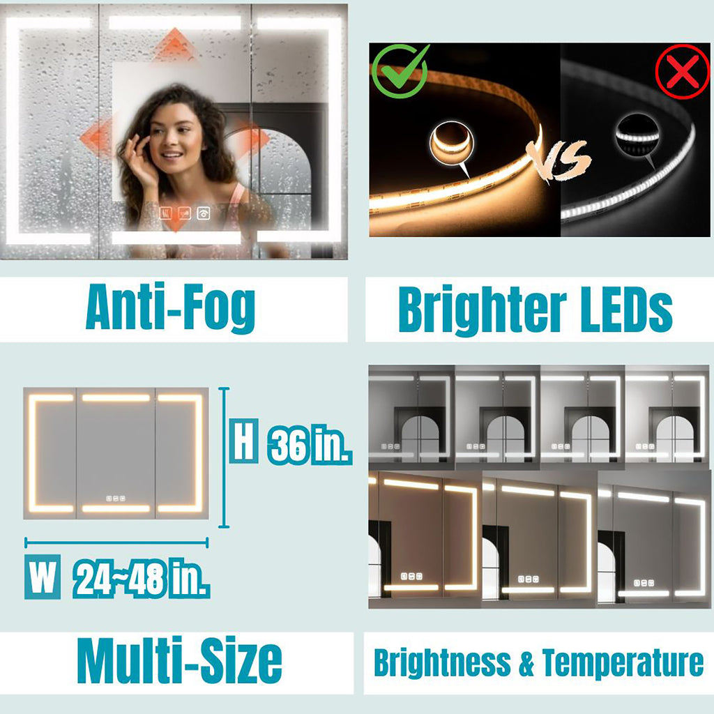 Waterpar® 24 in. W x 36 in. H Rectangular LED Aluminum Recessed/Surface Mount Medicine Cabinet with Mirror