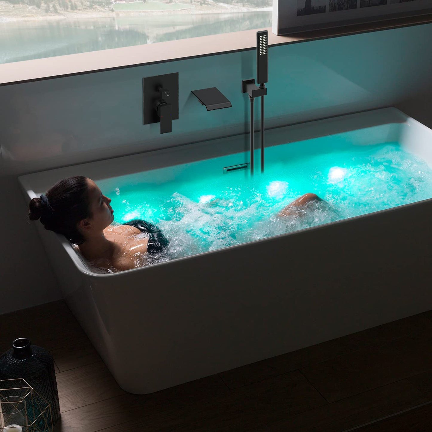 Waterpar®  1-Spray Square Shower System Wall Hand Shower Head and Tub Faucet in Matte Black (Valve Included)