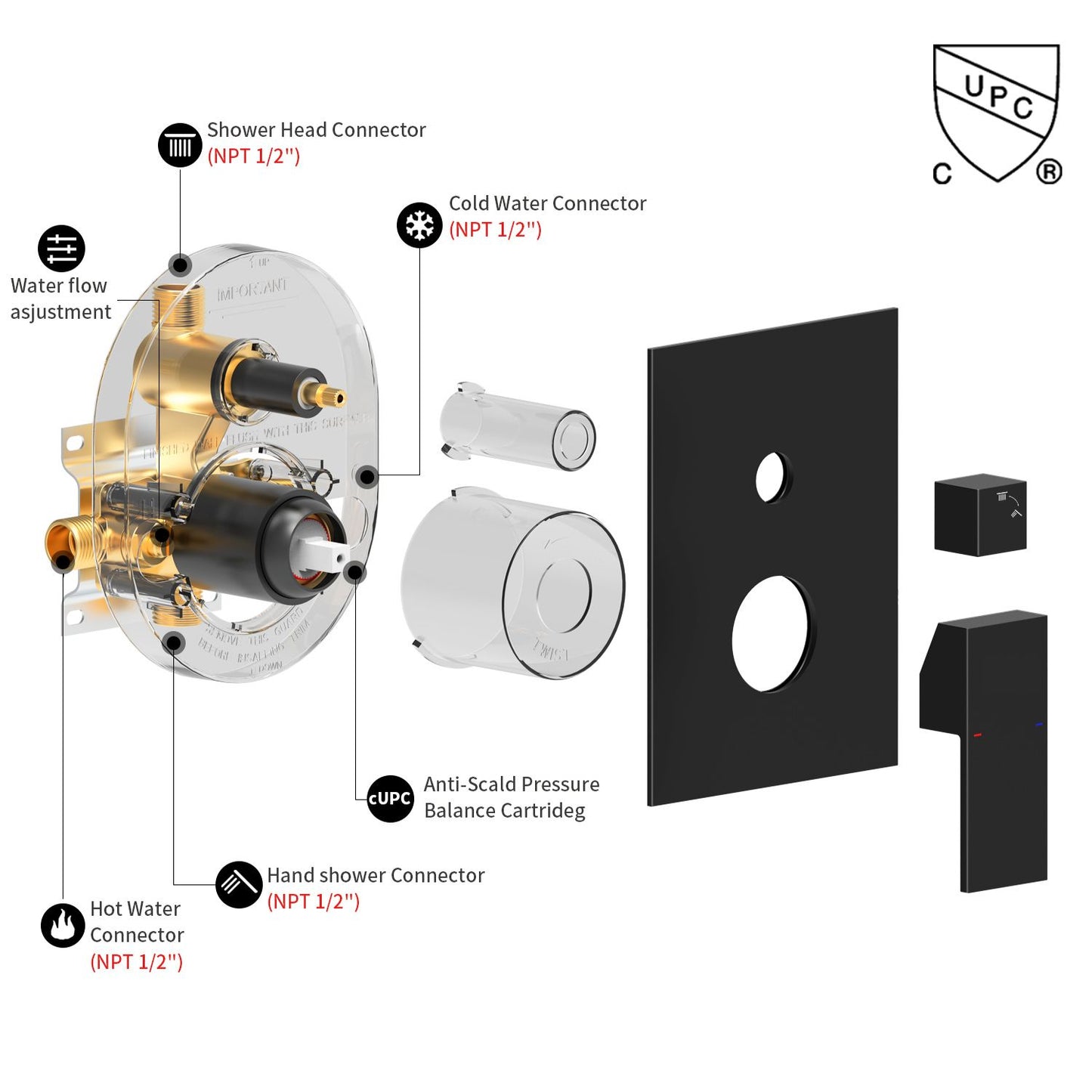 Waterpar®  1-Spray Square Shower System Wall Hand Shower Head and Tub Faucet in Matte Black (Valve Included)