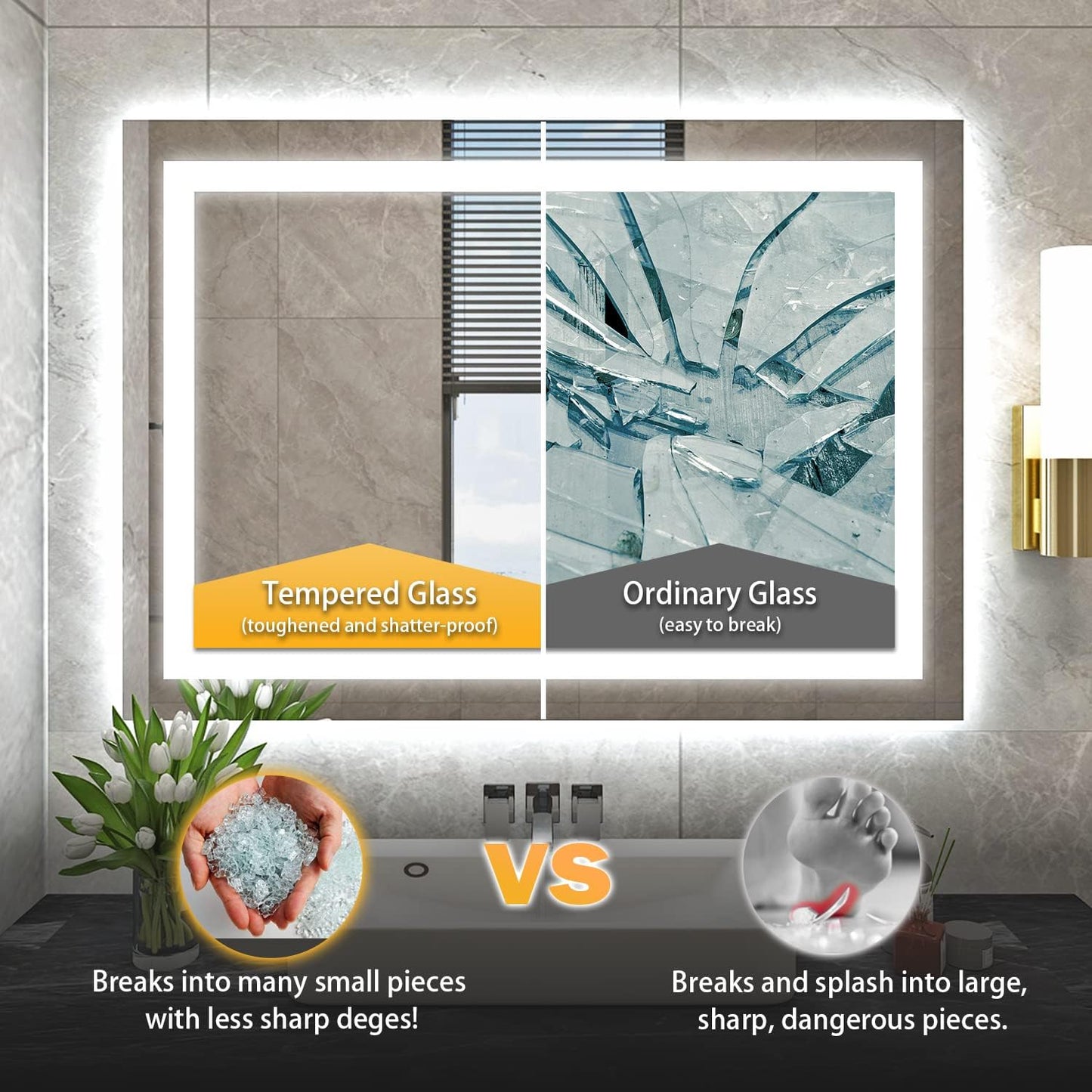 Waterpar® 44 in. W x 36 in. H LED Rectangular Frameless Anti-Fog Bathroom Mirror Front Light & Backlit