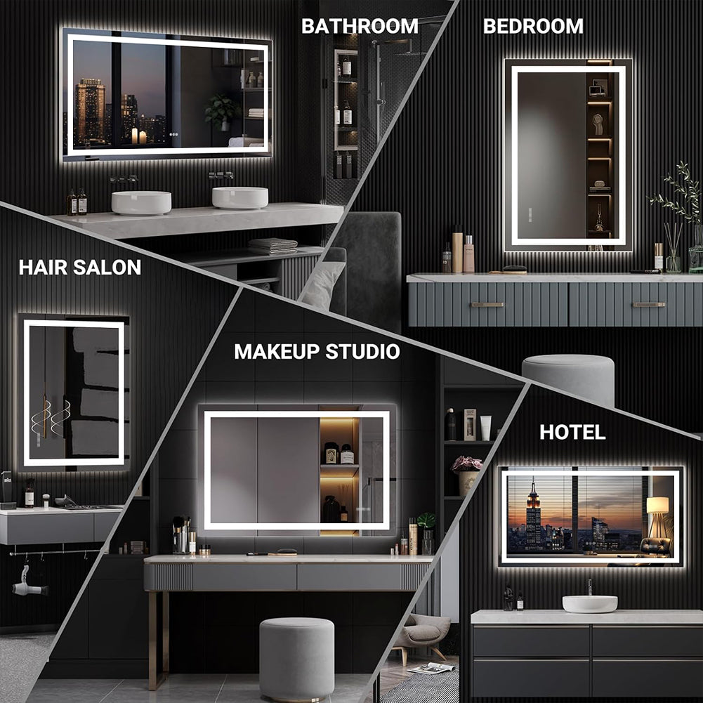 Waterpar® 44 in. W x 36 in. H LED Rectangular Frameless Anti-Fog Bathroom Mirror Front Light & Backlit