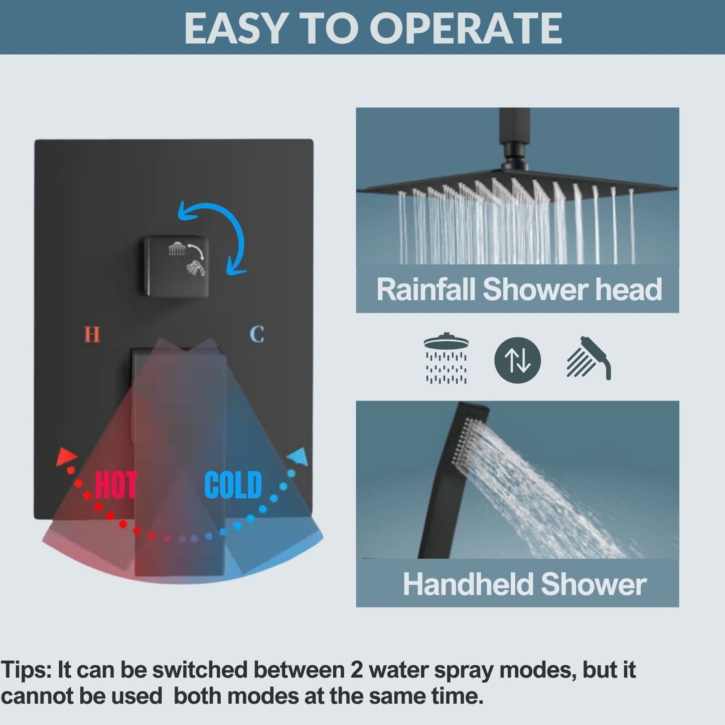 1-spray 10 in. Ceiling Mount Dual Shower Head with Wall Mount Arm Fixed and Handheld Shower Head 2.5 GPM in Black