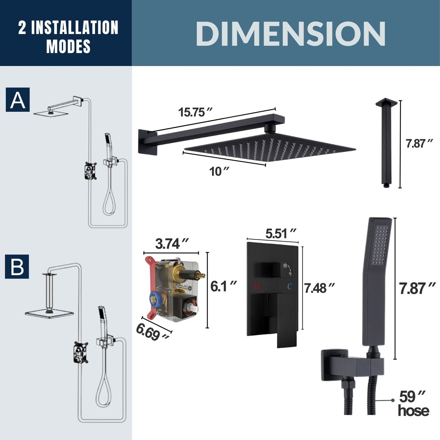 1-spray 10 in. Ceiling Mount Dual Shower Head with Wall Mount Arm Fixed and Handheld Shower Head 2.5 GPM in Black