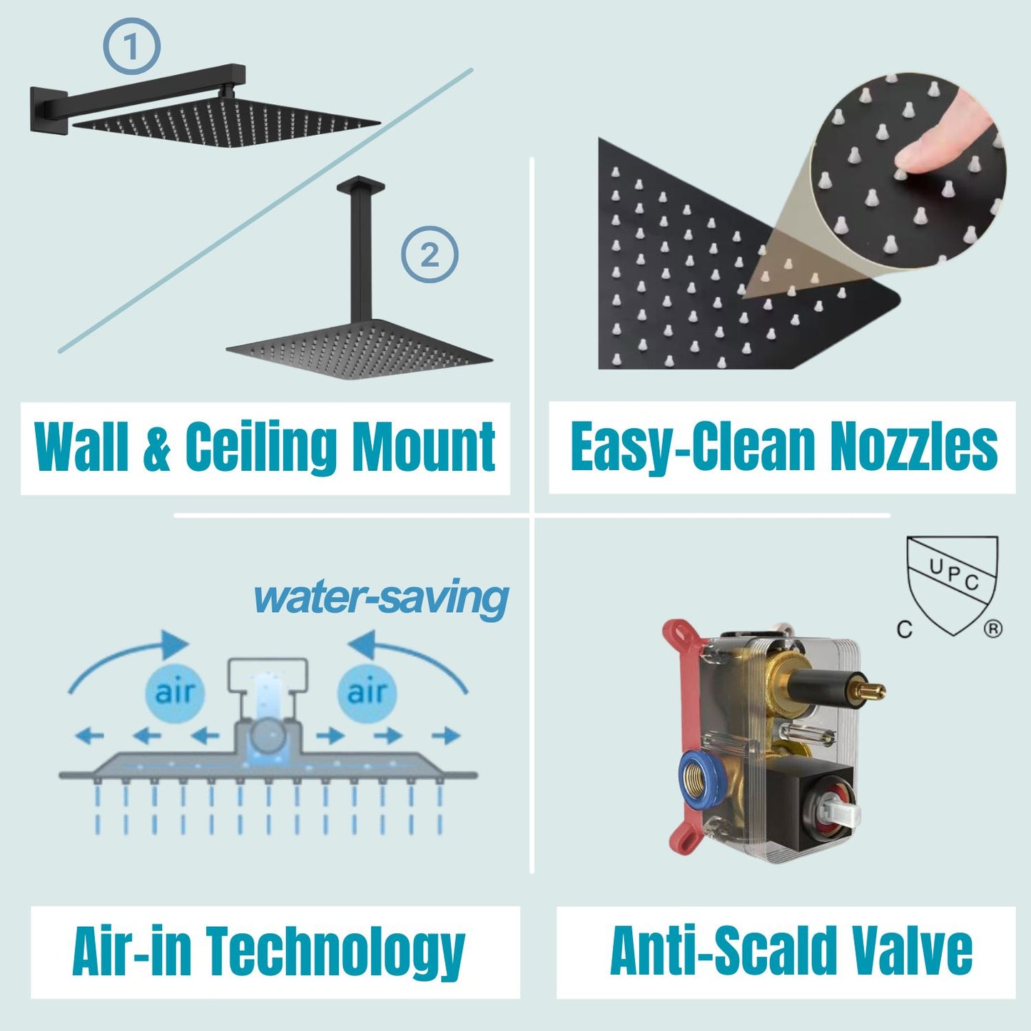 1-spray 10 in. Ceiling Mount Dual Shower Head with Wall Mount Arm Fixed and Handheld Shower Head 2.5 GPM in Black