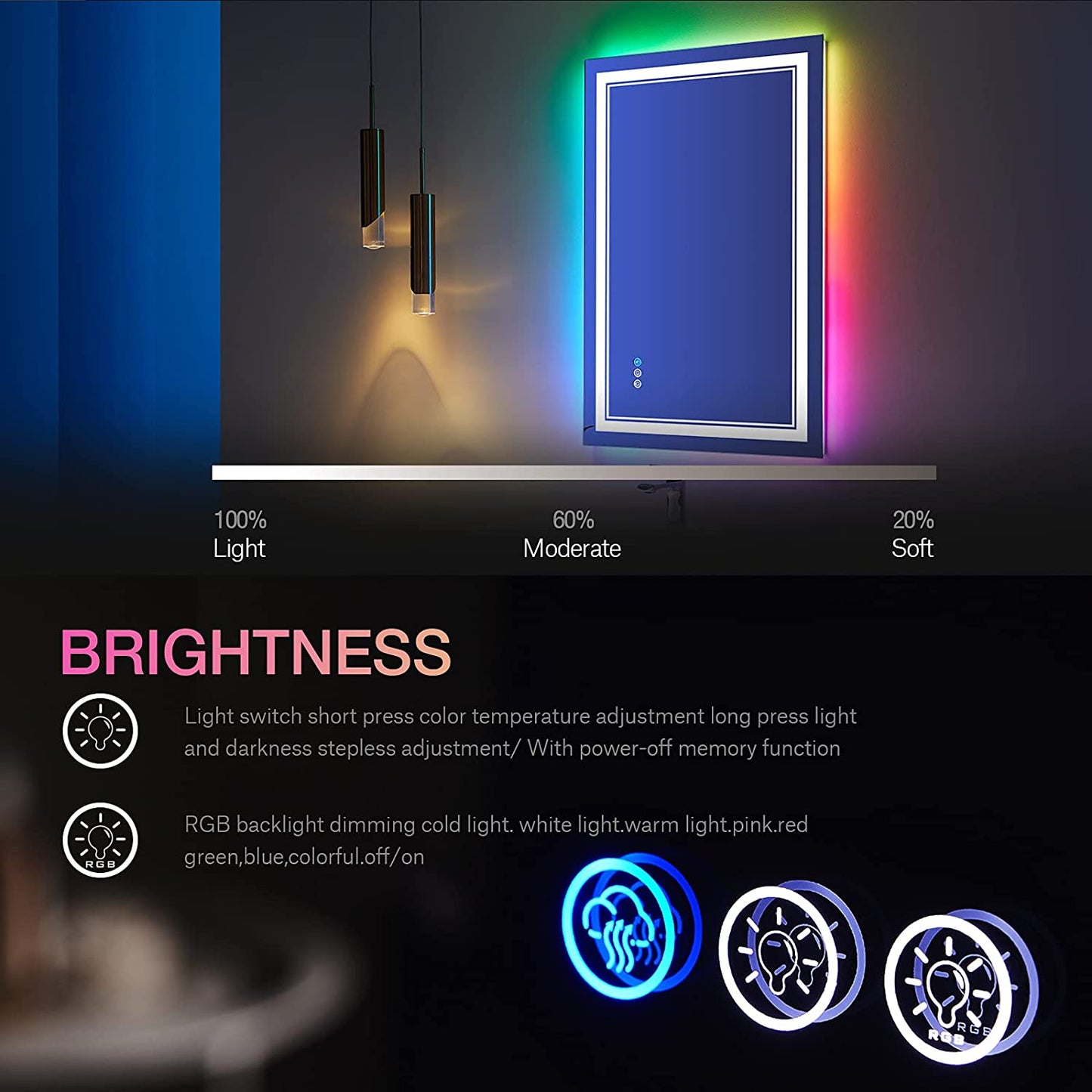 Waterpar® 20x28 in. Led Rectangular RGB Anti-Fog Bathroom Mirror Front & Backlit