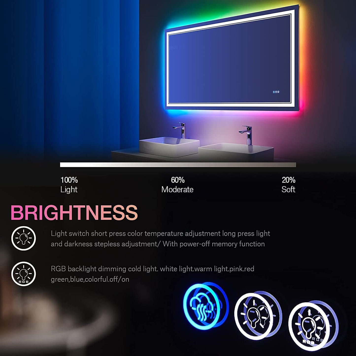 Waterpar® 32x40 in. Led Rectangular RGB Anti-Fog Bathroom Mirror Front & Backlit