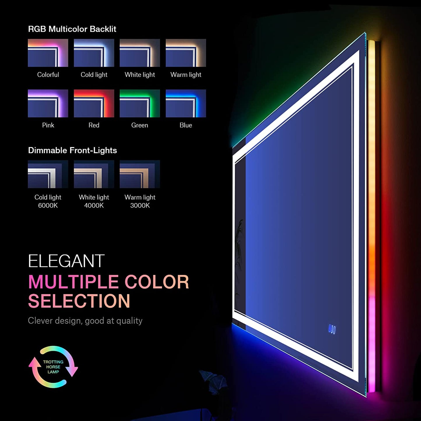 Waterpar® 40x24 in. Led Rectangular RGB Anti-Fog Bathroom Mirror Front & Backlit