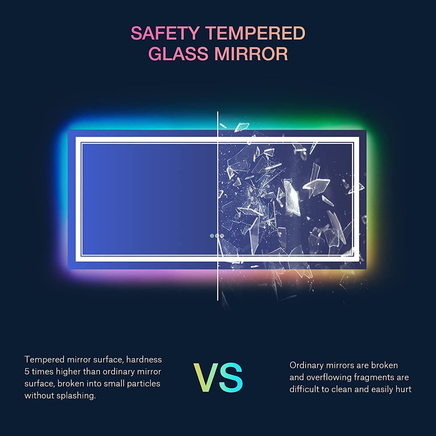 Waterpar® 60x28 in. Led Large Rectangular RGB Anti-Fog Bathroom Mirror Front & Backlit