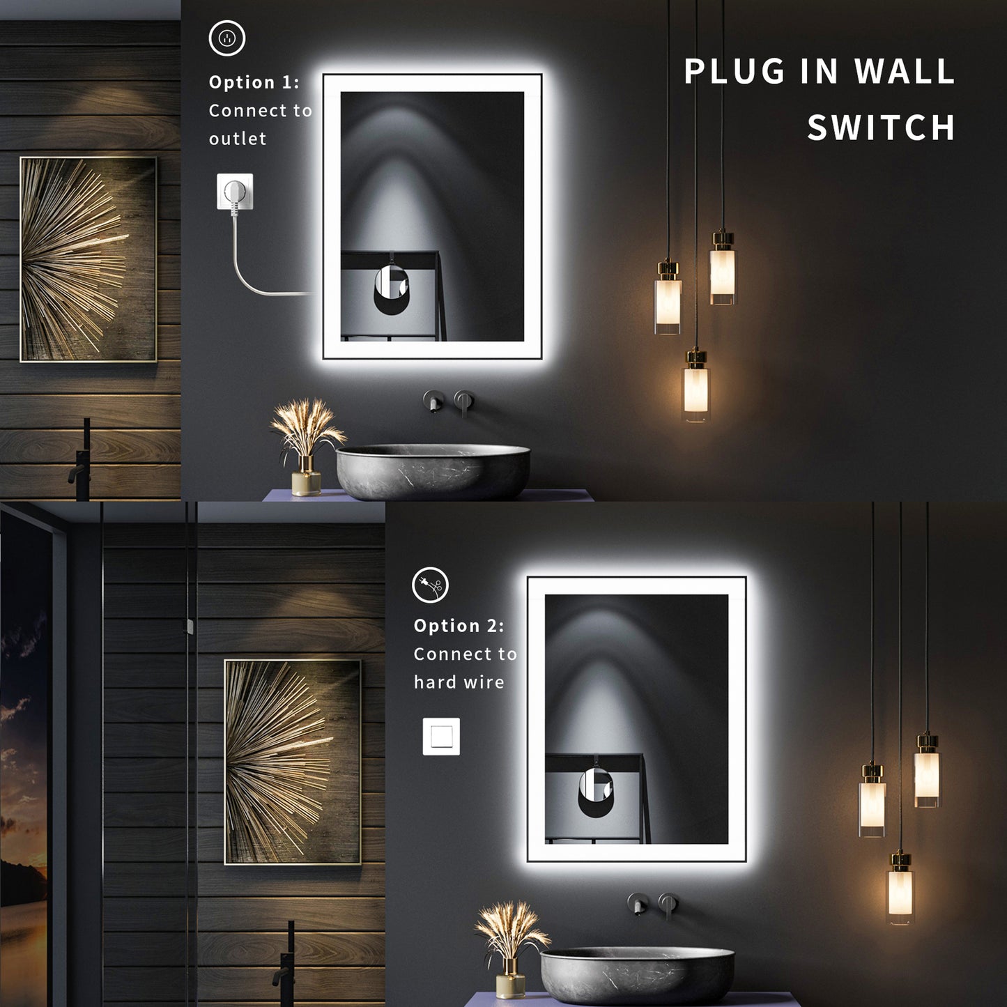 Waterpar® 36 in. W x 36 in. H Rectangular Framed Anti-Fog LED Wall Bathroom Vanity Mirror in Black with Backlit and Front Light