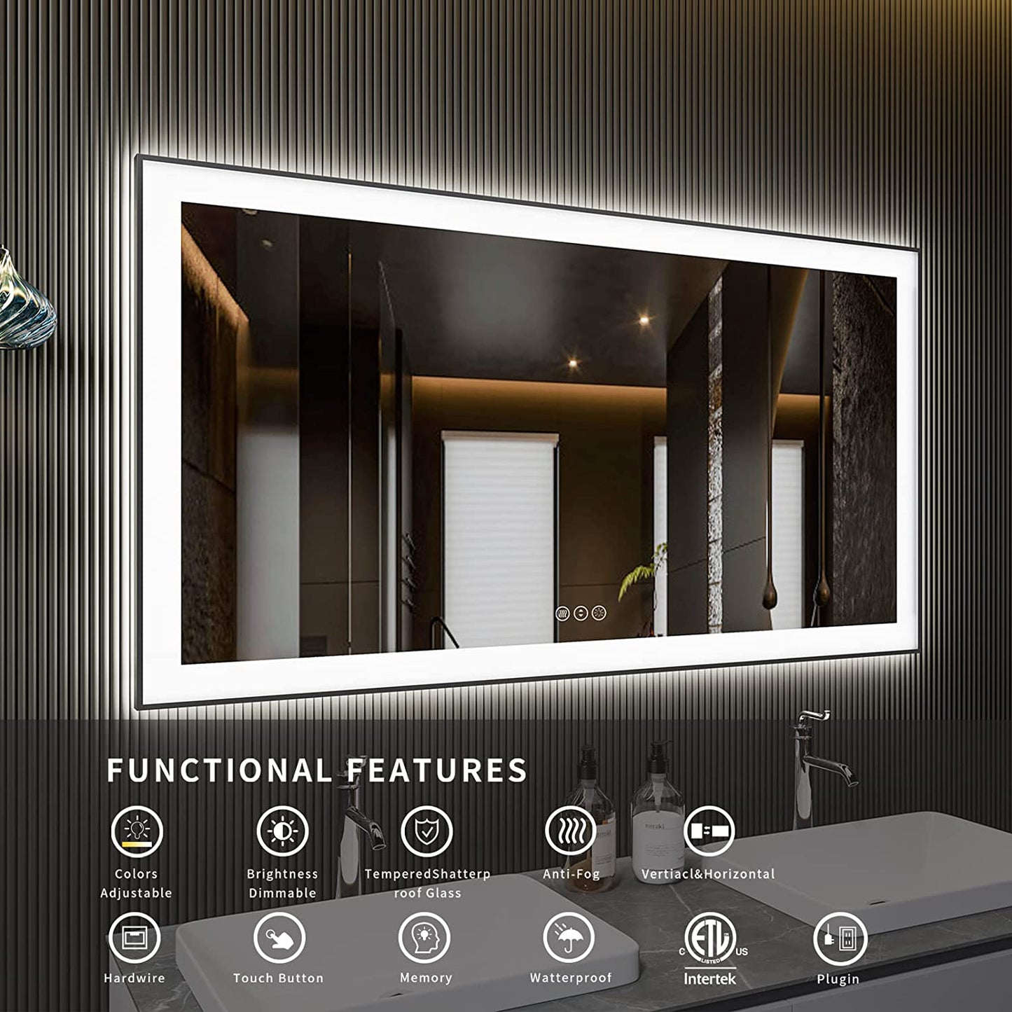 Waterpar® 72 in. W x 36 in. H Rectangular Framed Anti-Fog LED Wall Bathroom Vanity Mirror in Black with Backlit and Front Light