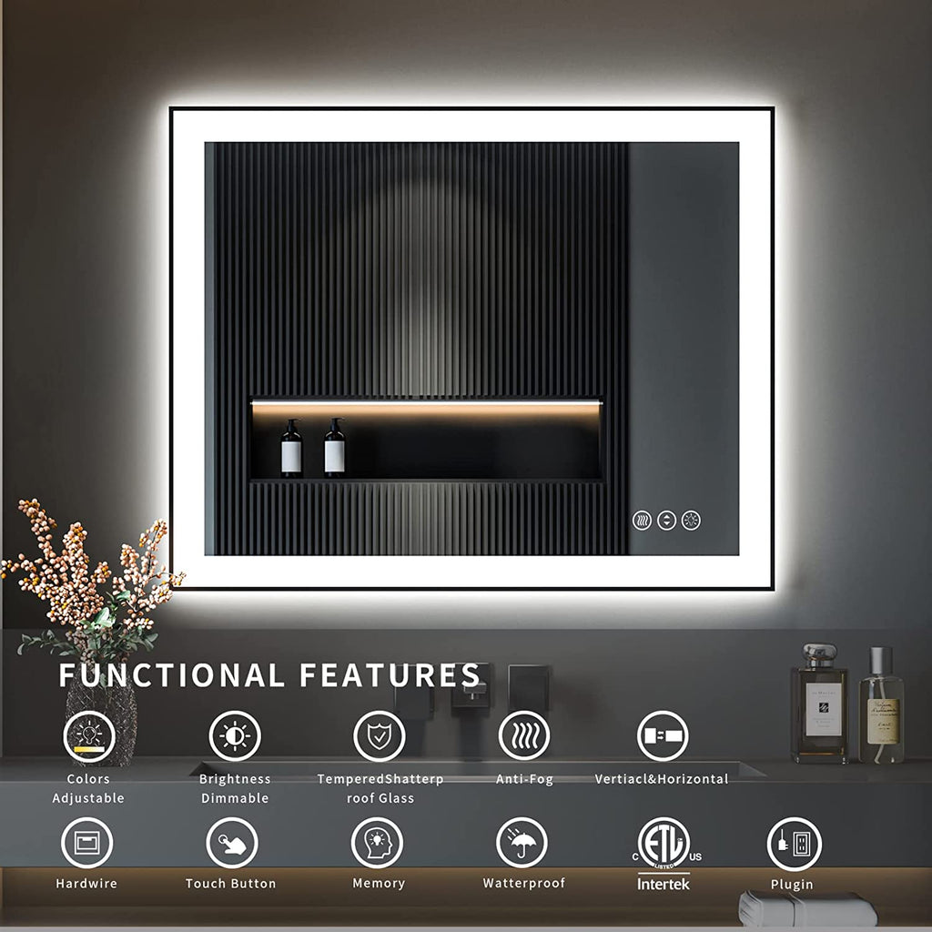 Waterpar® 36 in. W x 36 in. H Rectangular Framed Anti-Fog LED Wall Bathroom Vanity Mirror in Black with Backlit and Front Light