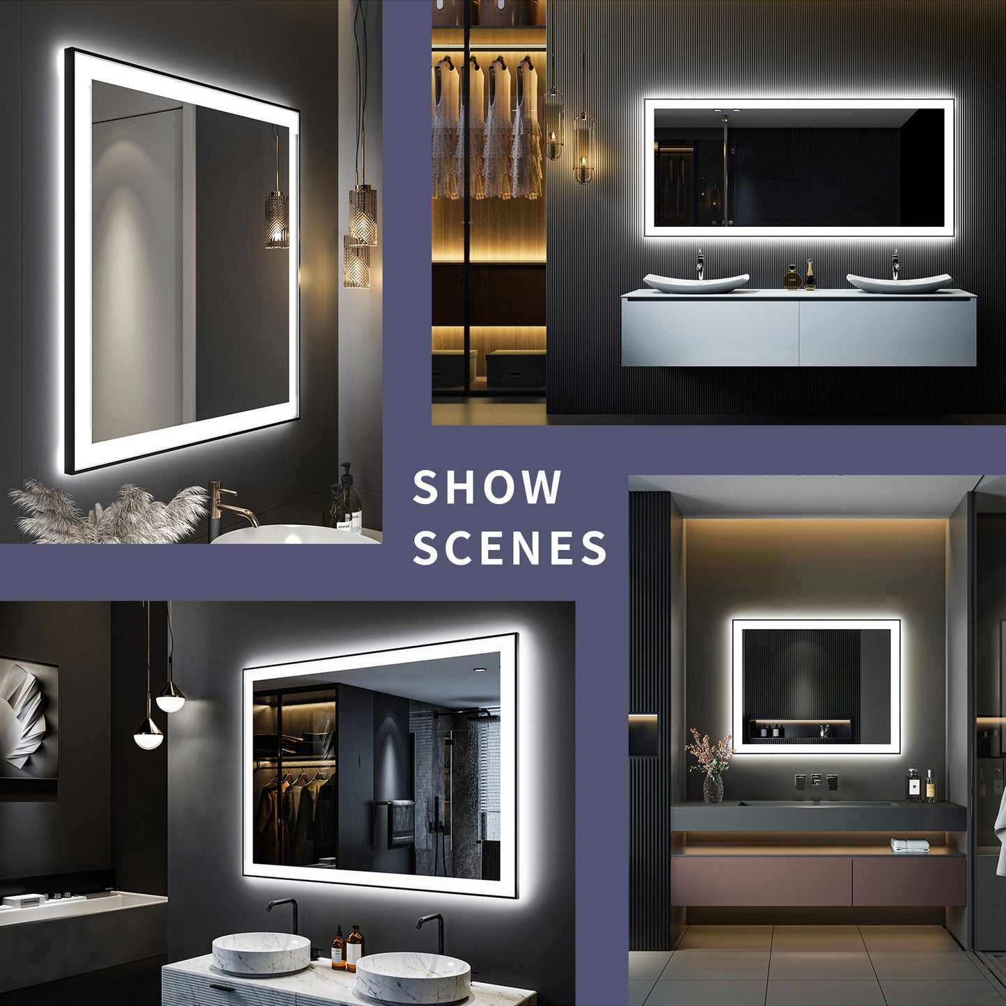 Waterpar® 36 in. W x 36 in. H Rectangular Framed Anti-Fog LED Wall Bathroom Vanity Mirror in Black with Backlit and Front Light