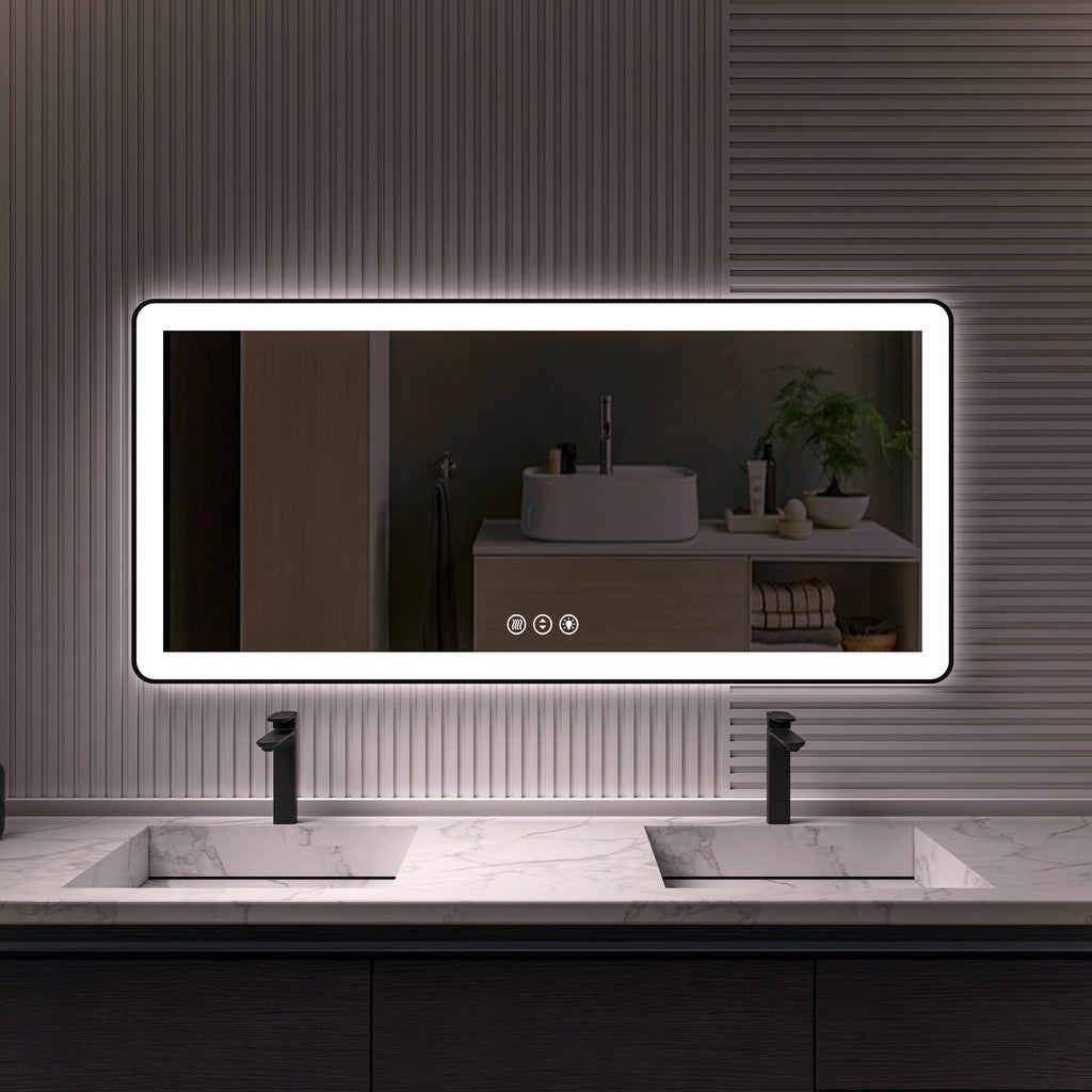 Waterpar® 60 in. W x 28 in. H Rectangular Framed Anti-Fog LED Wall Bathroom Vanity Mirror in Black with Backlit and Front Light
