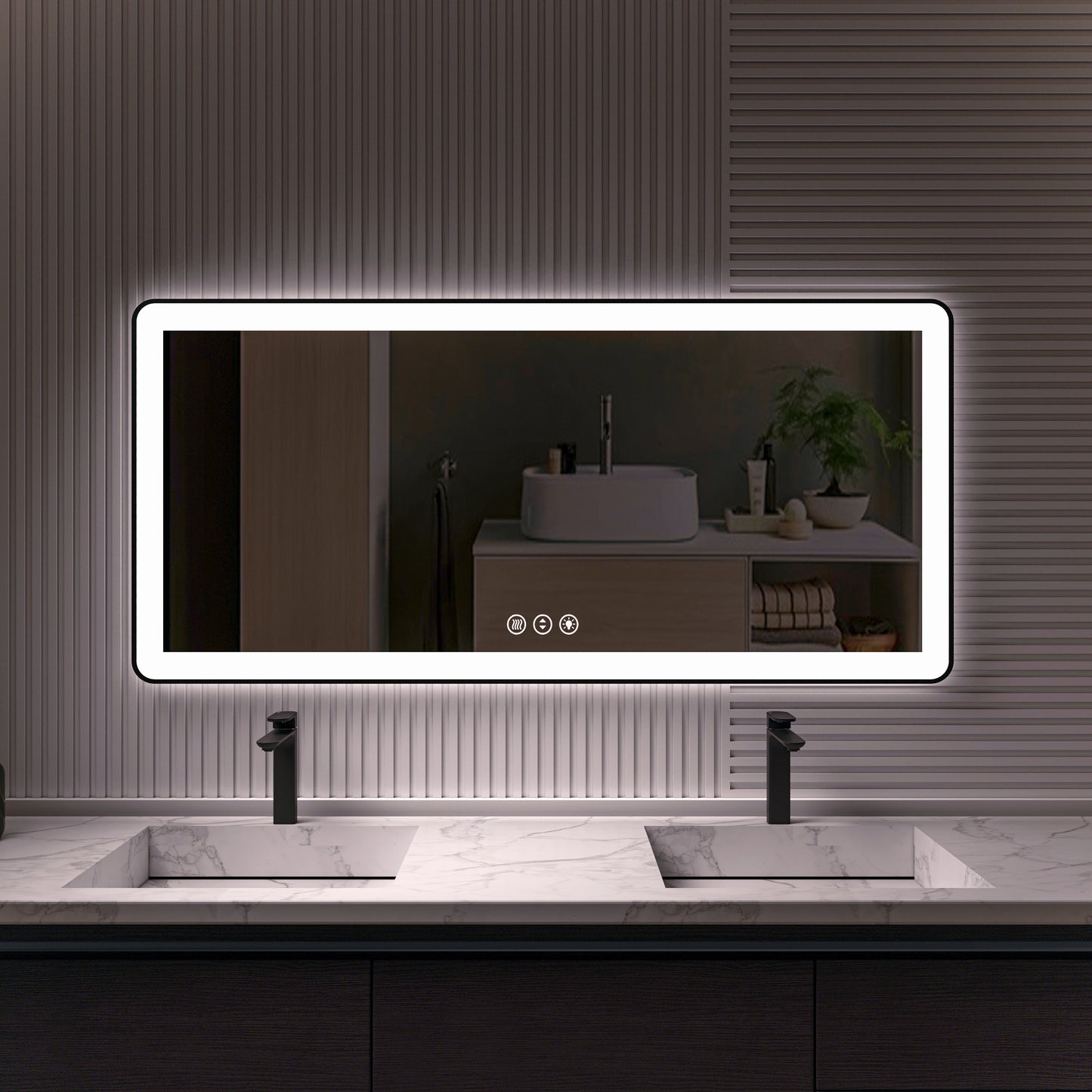 Waterpar® 60 in. W x 28 in. H Rectangular Framed Anti-Fog LED Wall Bathroom Vanity Mirror in Black with Backlit and Front Light
