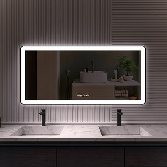 Waterpar® 60 in. W x 28 in. H Rectangular Framed Anti-Fog LED Wall Bathroom Vanity Mirror in Black with Backlit and Front Light