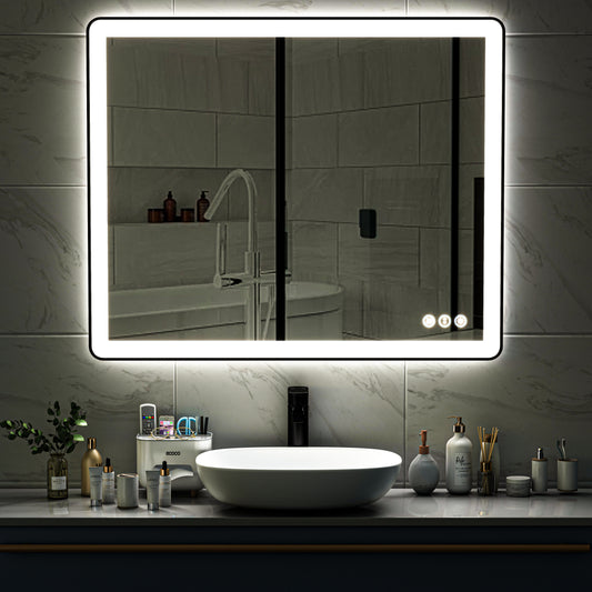 Waterpar® 48 in. W x 40 in. H Rectangular Framed Anti-Fog LED Wall Bathroom Vanity Mirror in Black with Backlit and Front Light