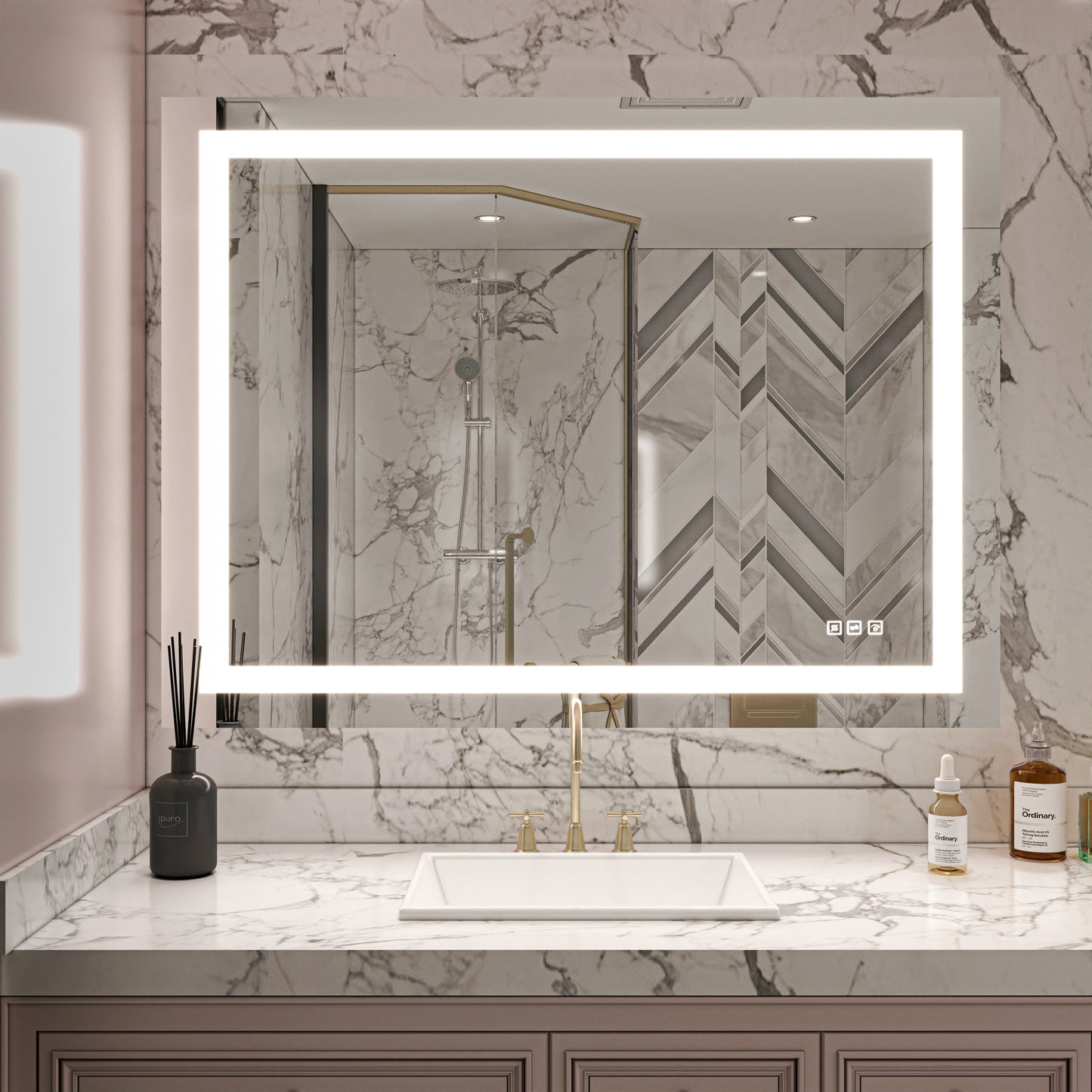 Waterpar® 48 in. W x 36 in. H Large Rectangular Frameless LED Light Anti-Fog Wall Bathroom Vanity Mirror