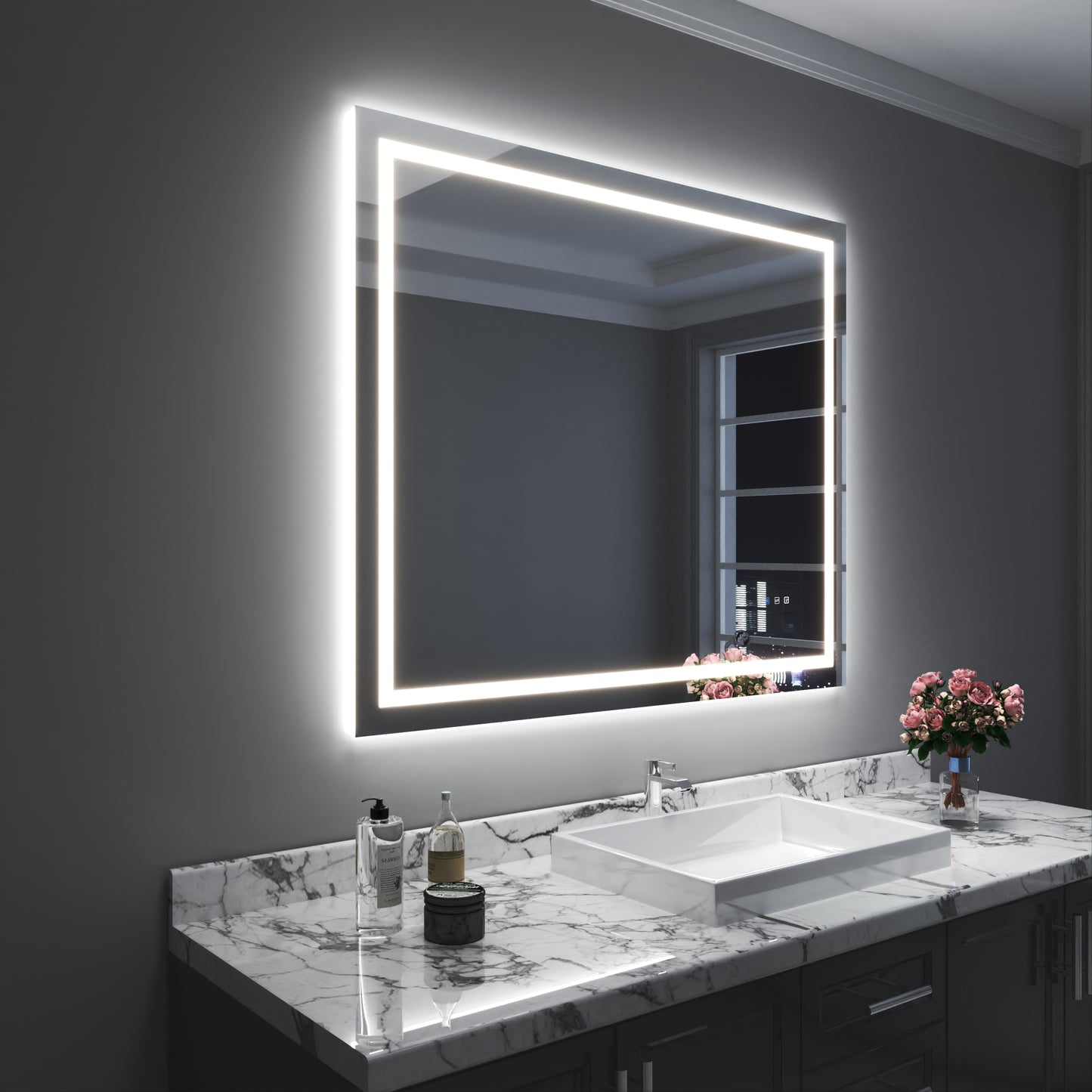 Waterpar® 48 in. W x 40 in. H Rectangular Frameless Wall Bathroom Vanity Mirror with Backlit and Front Light
