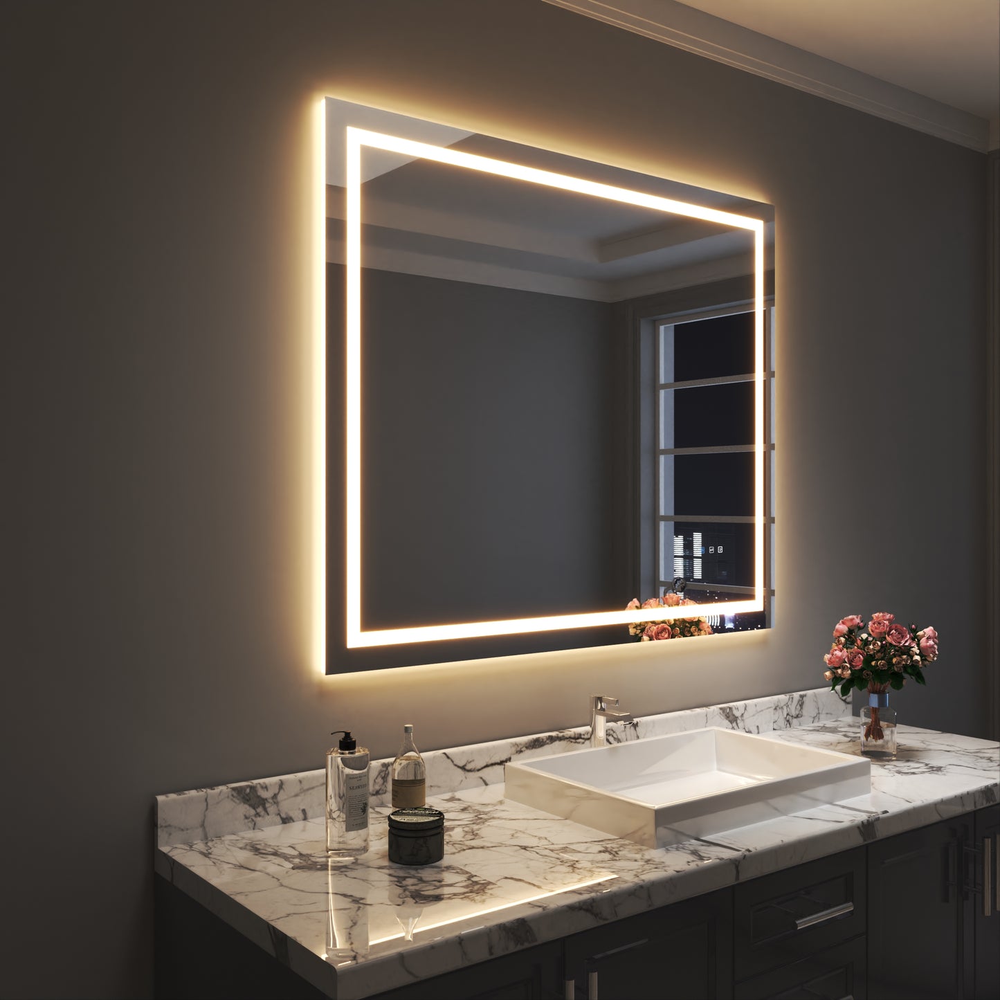 Waterpar® 48 in. W x 40 in. H Rectangular Frameless Wall Bathroom Vanity Mirror with Backlit and Front Light