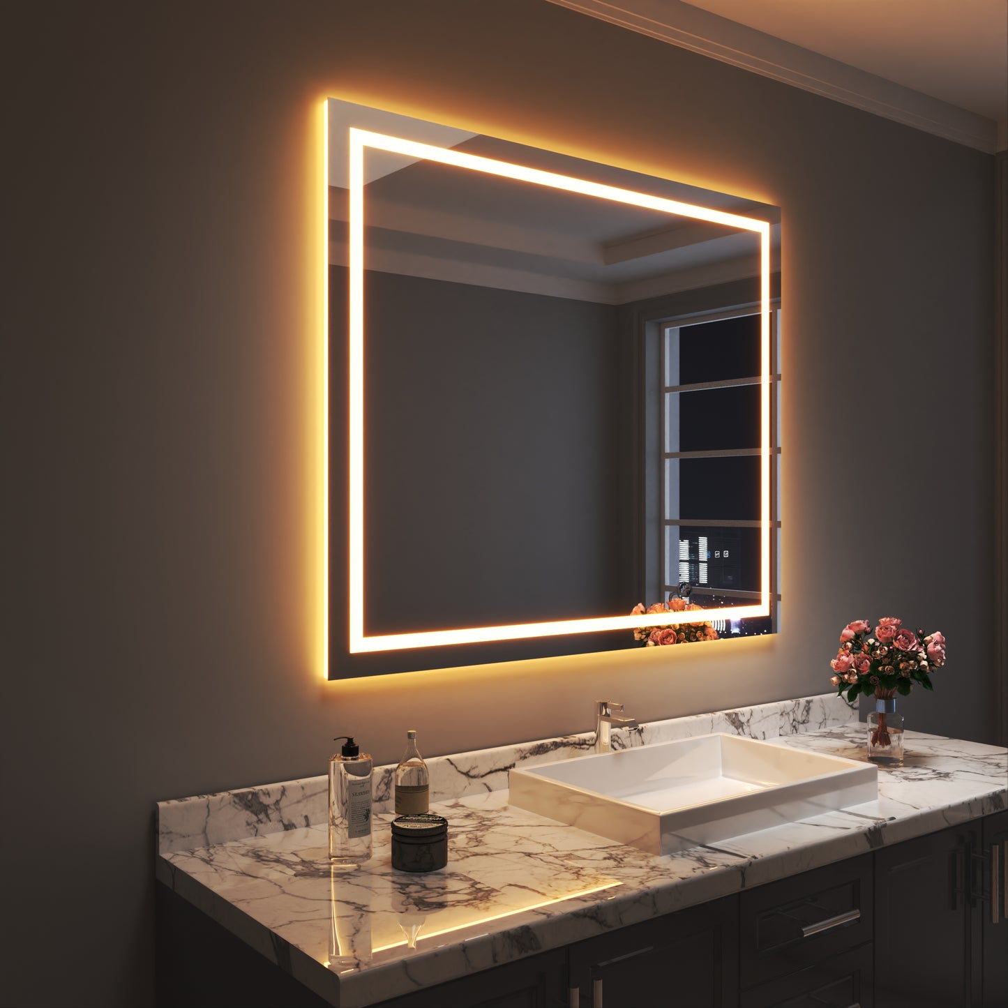 Waterpar® 48 in. W x 40 in. H Rectangular Frameless Wall Bathroom Vanity Mirror with Backlit and Front Light