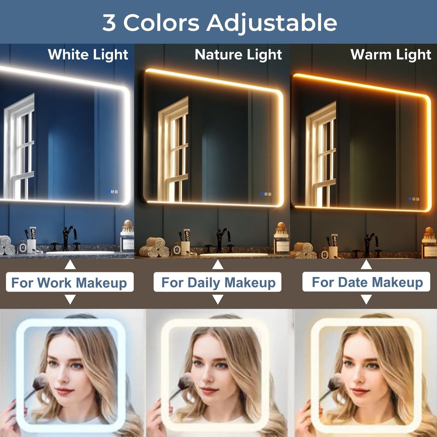 Waterpar® Rectangular Black Framed Anti-Fog LED Wall Bathroom Vanity Mirror with Front Light