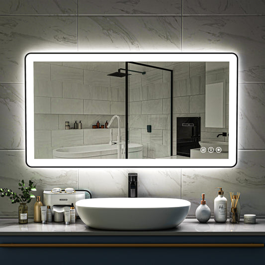 Waterpar® 55 in. W x 30 in. H Rectangular Framed Anti-Fog LED Wall Bathroom Vanity Mirror in Black with Backlit and Front Light