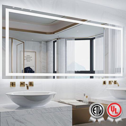 Waterpar® 88 in. W x 38 in. H Rectangular Frameless LED Light Anti-Fog Wall Bathroom Vanity Mirror with Backlit and Front Light