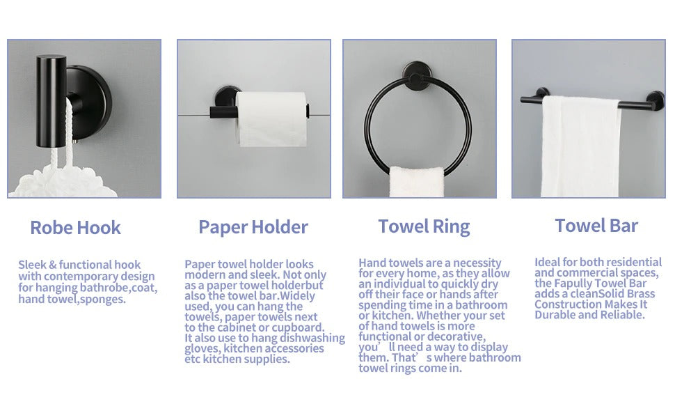 Waterpar®6-Piece Bath Hardware Set, Towel Bar, Toilet Paper Holder, Towel Hook in Matte Black