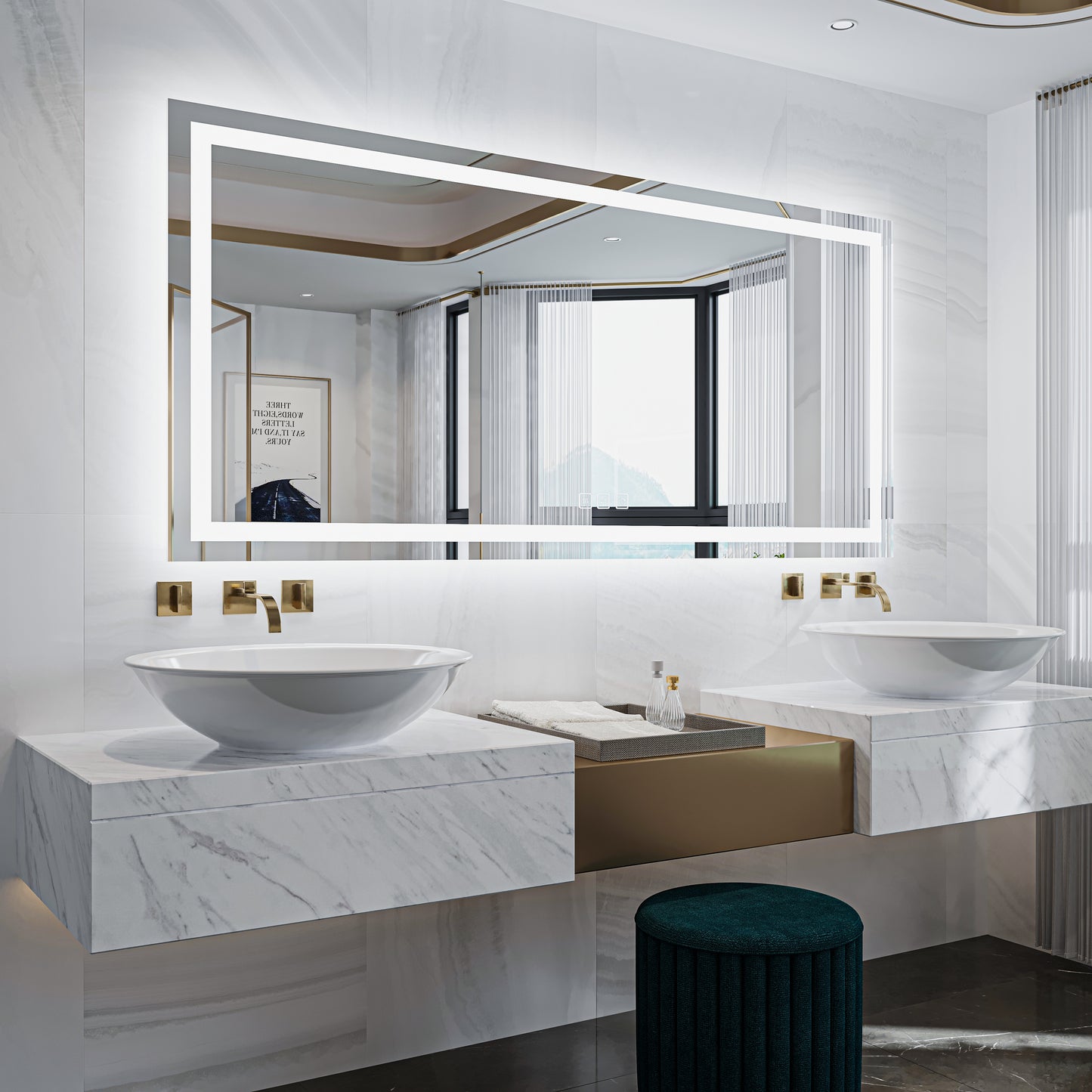 Waterpar® 78 in. W x 36 in. H Rectangular Frameless LED Light Anti-Fog Wall Bathroom Vanity Mirror with Backlit and Front Light