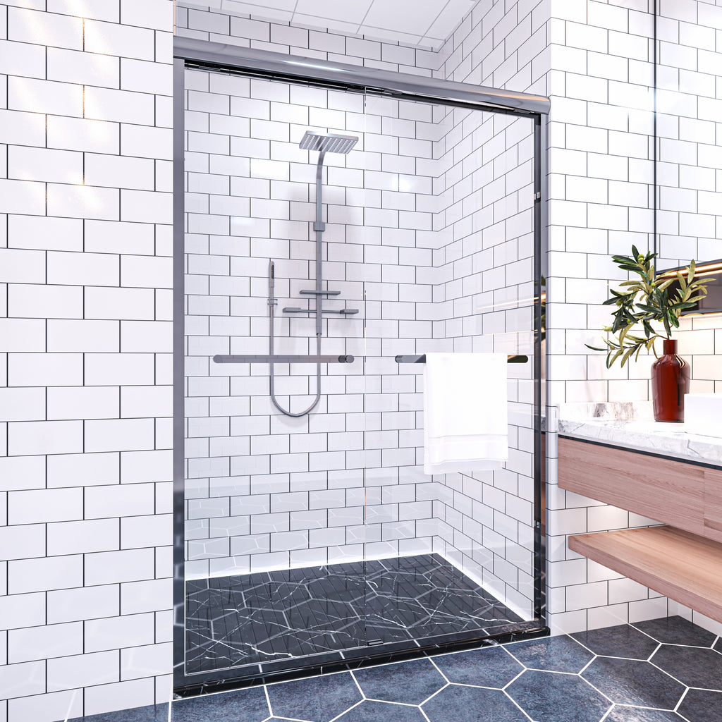 Waterpar® 56-60 in. W x 72 in. H Sliding Semi-Frameless Shower Door with Double Towel Bars