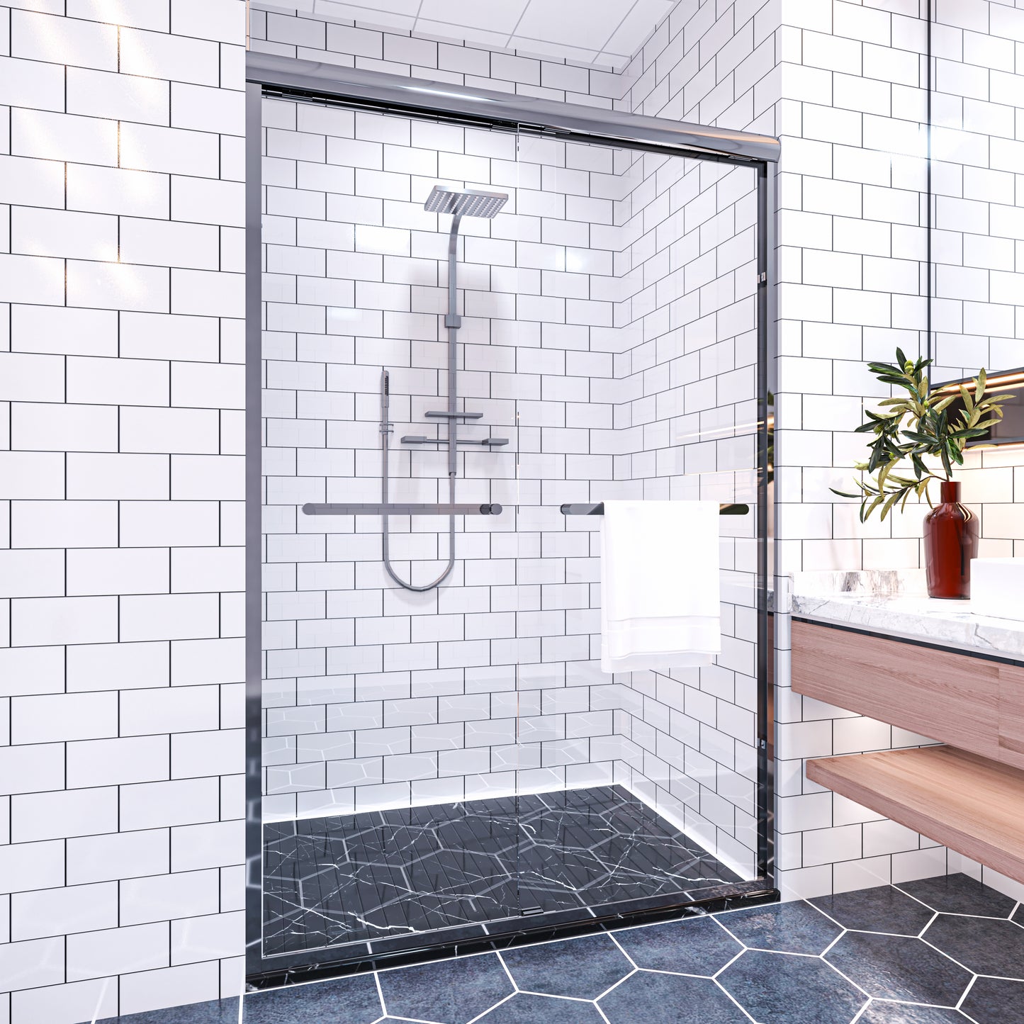 Waterpar® 56-60 in. W x 72 in. H Sliding Semi-Frameless Shower Door with Double Towel Bars